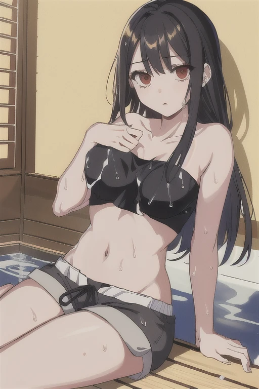 masterpiece, best quality, highres, Matoba Risa, 1girl, solo, busty, small breasts, black hair, twintail, sport bra, short skirt, garter on thigh, looking at viewer, full body, standing, simple background, (erotic pose:1.4), blush, smile, grinning, (Crotch panties exposed:1.3), ((Sweating in heat, arms behind head, double armpits, crouching down, half-squat, Open the crotch before:1.3)), In the middle, symmetrical, netorare face