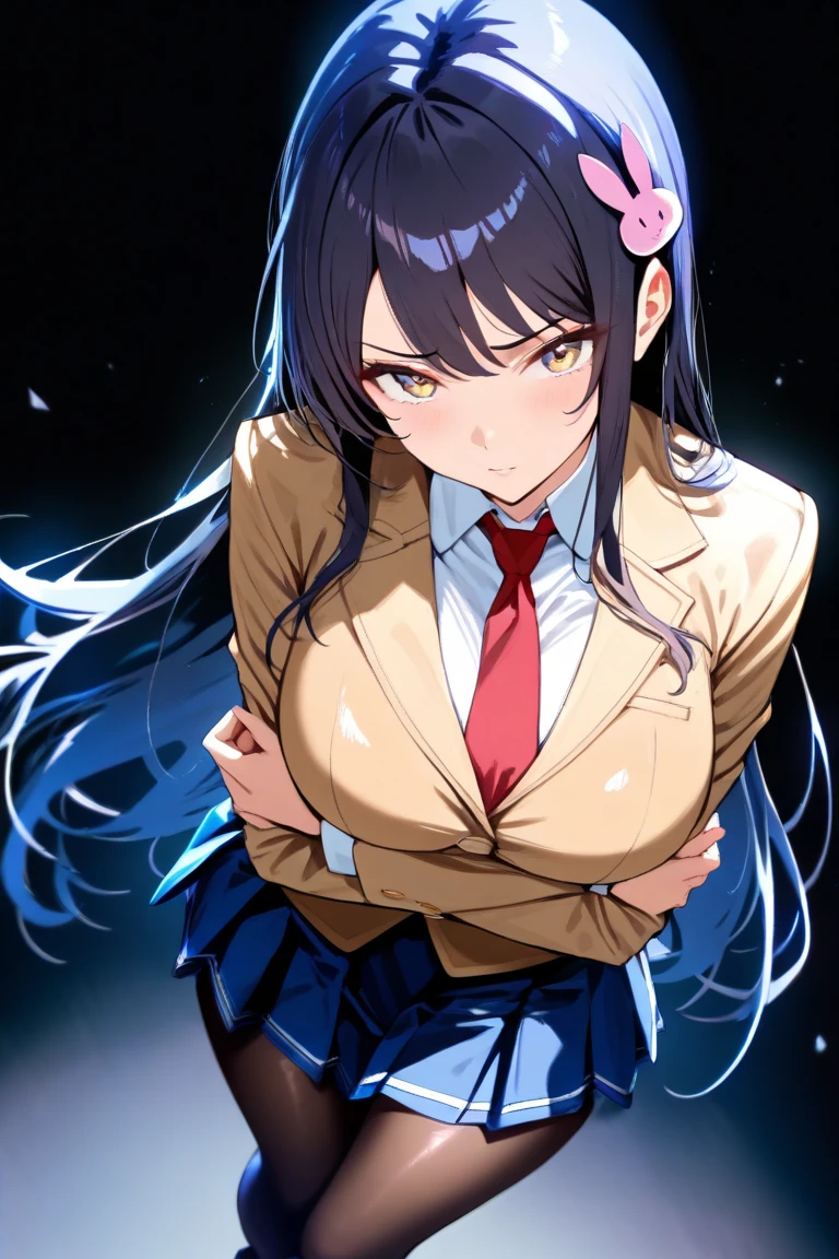 (masterpiece, best quality), highly detailed background, perfect lightingbest quality, tsubuzakianko, solo, outdoors, city, purple hair, antenna hair, twintails, hair ornament, hair between eyes, very long hair, pink eyes, gigantic breasts, hood down, hoodie, blue jacket, open clothes, blazer, grey sweater, blue bowtie, long sleeves, green skirt, plaid skirt, school uniform, closed mouth, pink lips, <lora:Tsubuzaki-Anko:0.7>