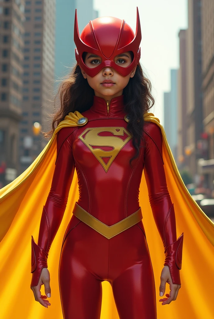 full body view of a 4 year old bi-racial girl that has angel wings with fiery red hair and bright brown eyes wearing a fiery red superhero suit that has an emblem of a dolphin on the center of her superhero suit in the streets of new york city