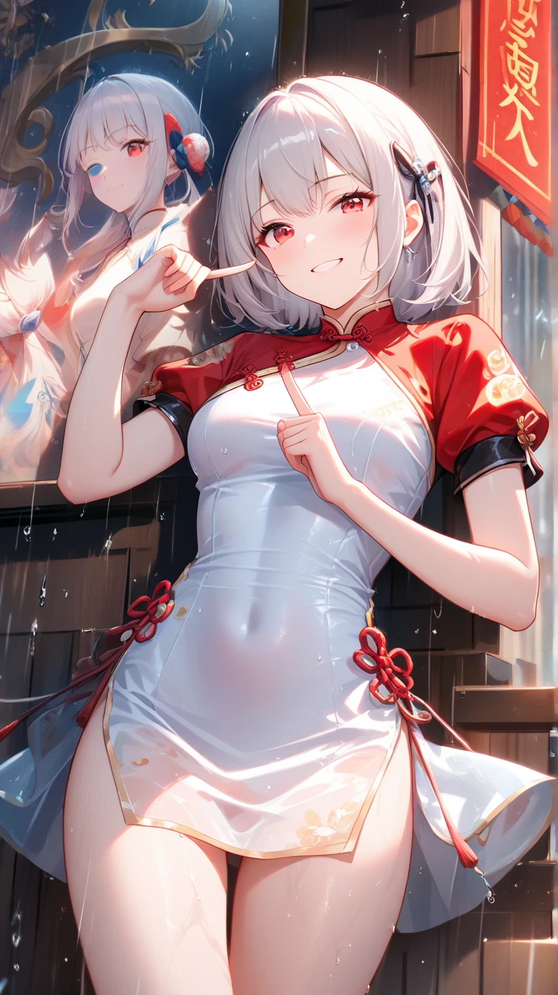 smile、Red cheeks、Official Art, masterpiece, Highest quality,One girl,Gosgarh,Tank top(silver, metallic, ) 8K,High resolution, ( flower_Styler:1.2)(Rainbow Candy:1.2),(Excellent rendering, Stand out in the same class), (Amazing details, Excellent lighting, Wide-angle), Big Breasts(0.6), Absolute area, Detailed Background、Panty shot