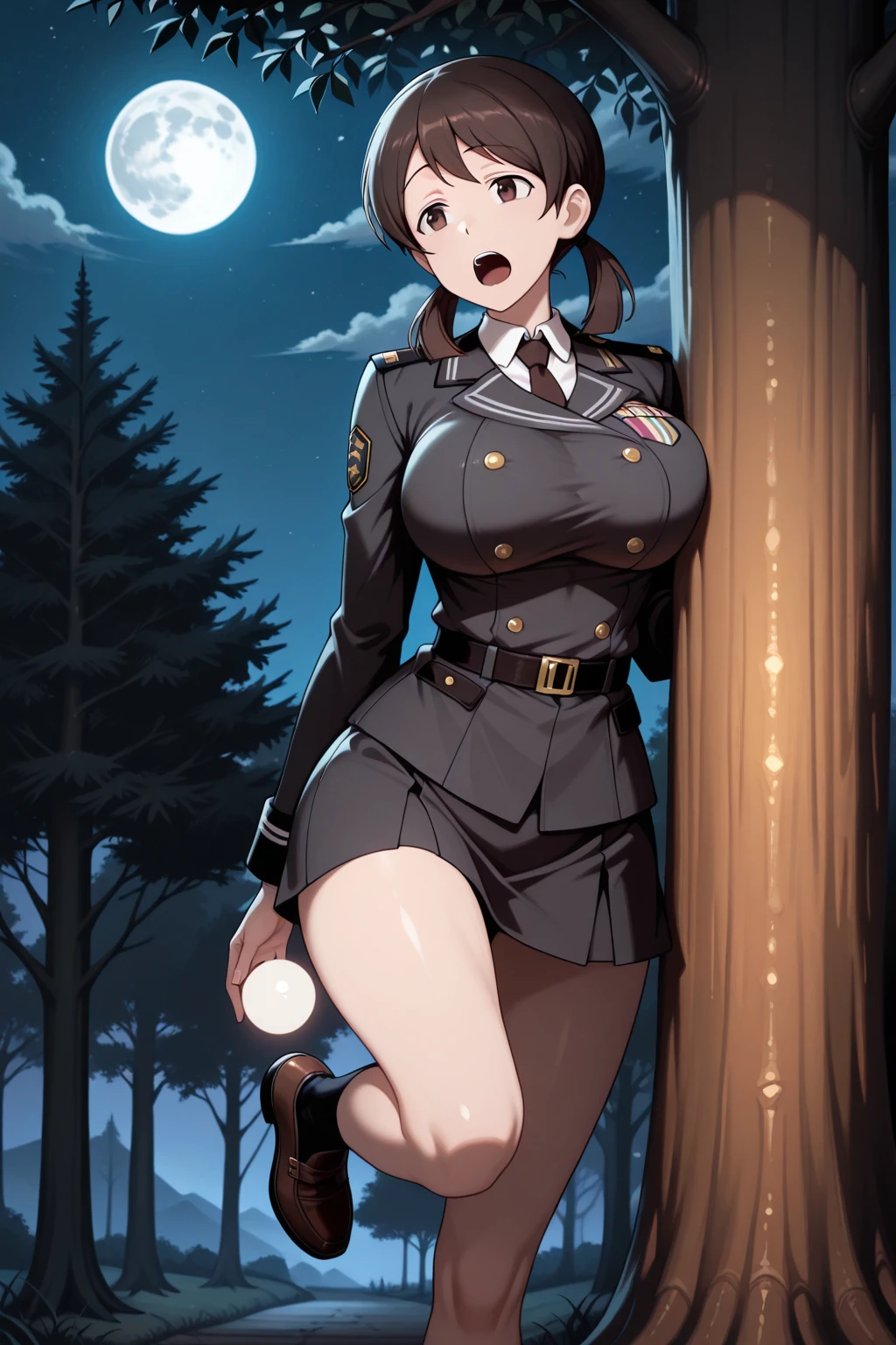 ((2 different characters, a man with brown hair, brown pants, no blouse, a bracelet on his arms, a backpack on his shoulders, with a boot, a belt with a sword)),((muscle)),((eyes yellow, happy face)) and a woman, cyborg, a bionic arm,((gigantic breasts, naked breasts, naked pussy, erect breasts, grabbing breasts)),((green hair)),((1 red eye and 1 eye purple, Desperate face)),walking In a haunted forest, at night))],