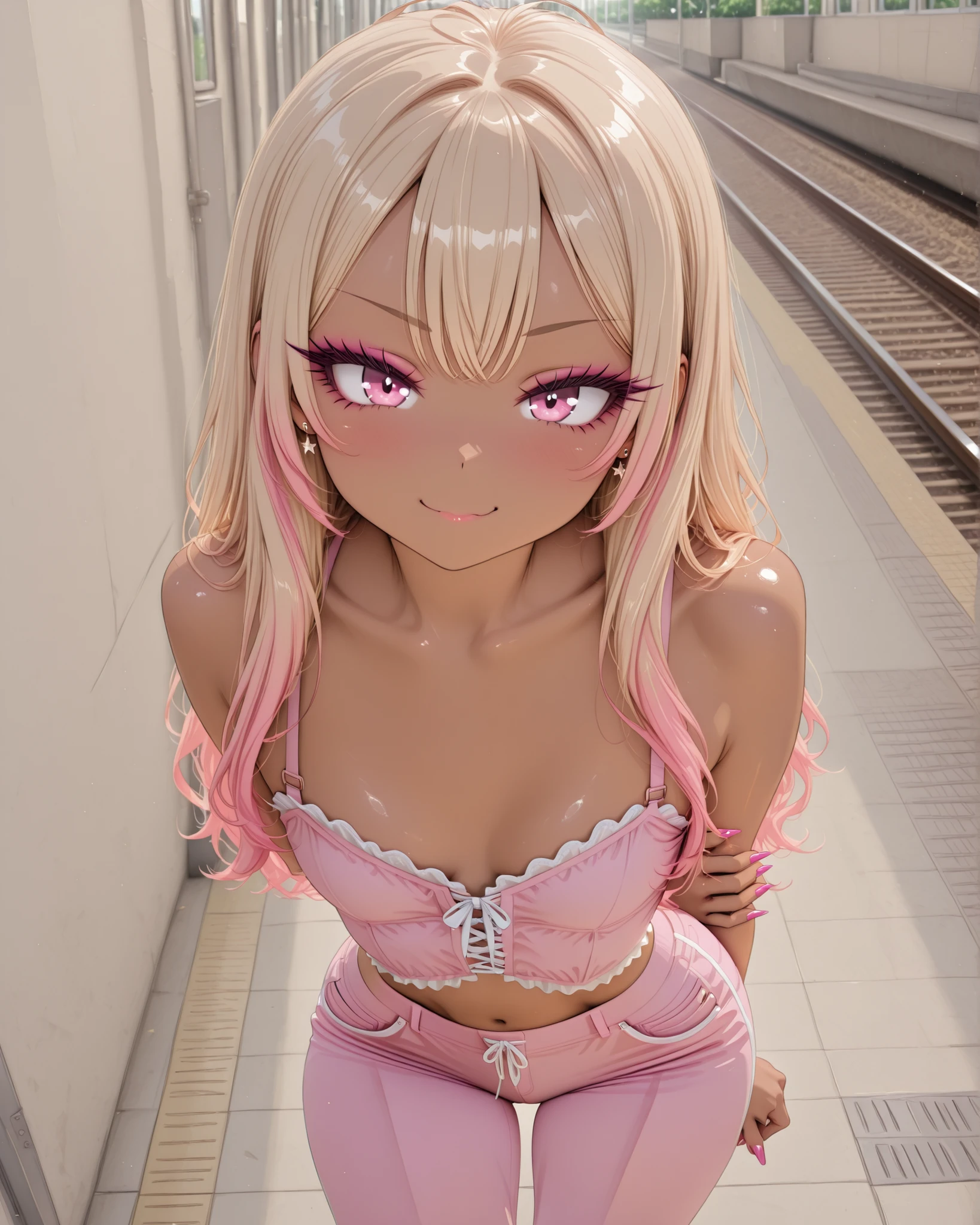 Gyaru, anime gyaru, y2k, badgirl, dumb but cute face, fake lashes, extended eyelashes, exaggerated eyelashes, thick eyelashes, extended nails, exaggerated nails pink nails, wide hips, thin waist, small breasts, sexy, short skirtpants, localization is railway platform, she holds her hands behind her back, pink eyes, leaning forward cheekily
