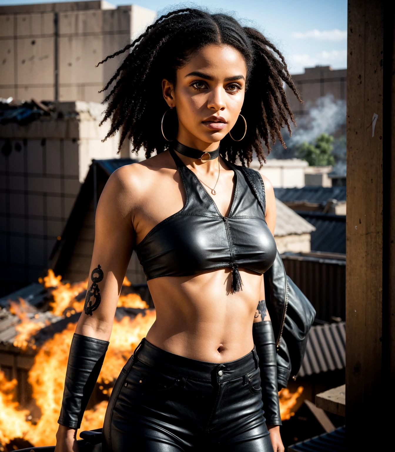 8k, ARTISTIC photography, best quality, masterpiece: 1.2), (realistic, photorealistic: 1.37)` Movie still from Videodrome movie directed by (David Cronenberg), (cyberpunk girl, road warrior, on high way ), an ebony woman (((Kira Noir))) , beautiful body, toned body, small breast (( dressed in a hockey shoulder pads )), (((over-detailed clothing))), (((the color of the clothes is yellow ))), posing,  on a high way with a futuristic city in the .. background,(((pure 8K))), (((perfect anatomy))), extremely high-quality graphics, midday sunlight,