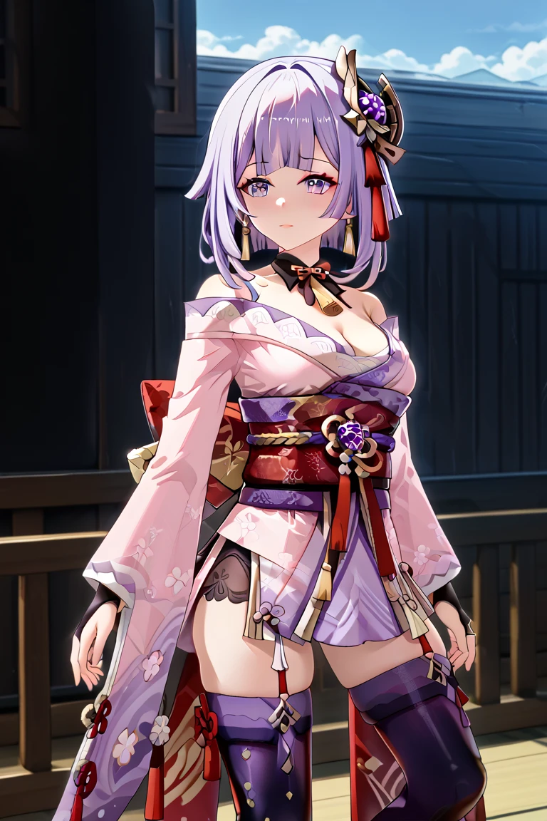 masterpiece, best quality, <lora:doaayane-nvwls-v1-000009:0.9> ngAyane, headband, black scarf, purple dress, cleavage, pink sash, navel, gloves, thigh strap, single thighhigh, upper body, large breasts, looking at viewer, smirk, night sky, east asian architecture