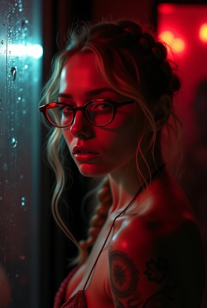 very sexy and very wet and sweaty margot robbie as redhead smoking a cigarrete with panties, have glasses with a very seductive stare with lightly open mouth appealing for a blowjob at night with blue, red and purple neon lights a bar bathroom showing the sexy back taking out his bra