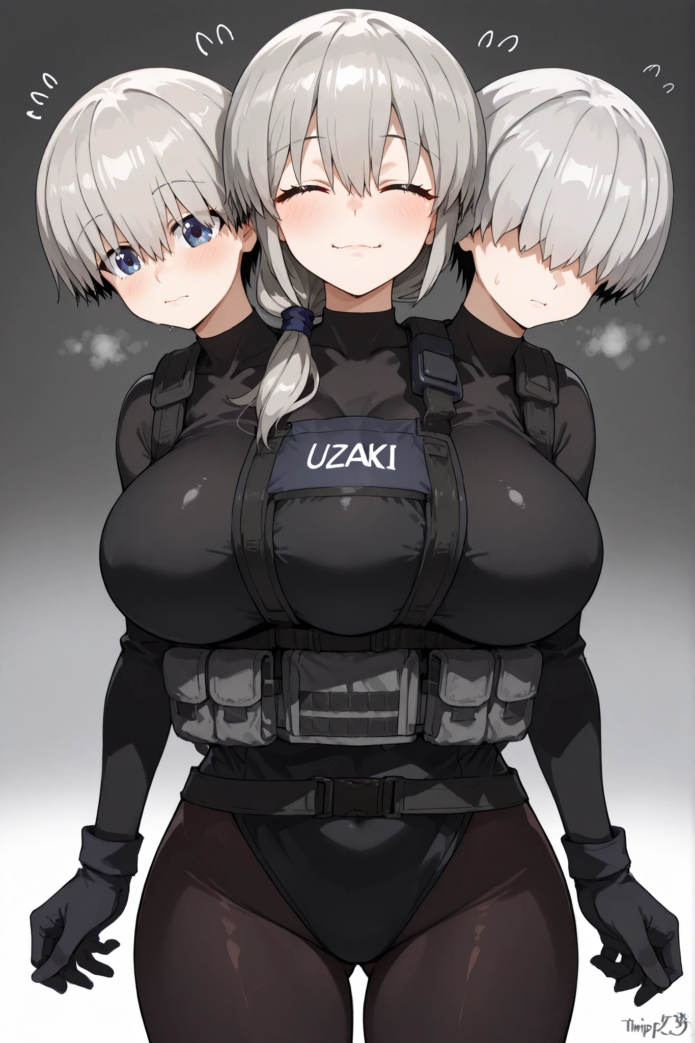 conjoined, 3girls, 3heads, three heads, a tall thin girls with 3heads, TripleTits, three breasts, grey hair, short hair, hair over shoulder, closed eyes, hair, hair over eyes, covered eyes, blue eyes, large breasts, black leotard, black bodysuit, black pantyhose, bulletproof vest, loose black gaiters, black gloves, tactical gear, upper body, front shots, uzaki tsuki, uzaki hana, uzaki yanagi,