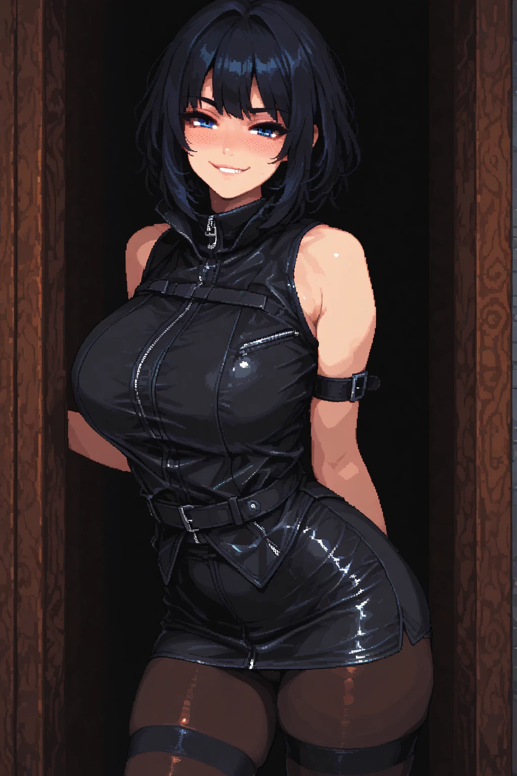 Perfect art, FHD, highly resolution, solo woman, beautiful woman, dark blue hair is short and soft, beautiful face and detailed eyes, leather short jacket, gigantic heavy breasts, nipples patchs, she is standing, skirt, she show off her thong, black long socks, massive breasts, serious face, perfect sexy body, normal view, apocalyptic background.