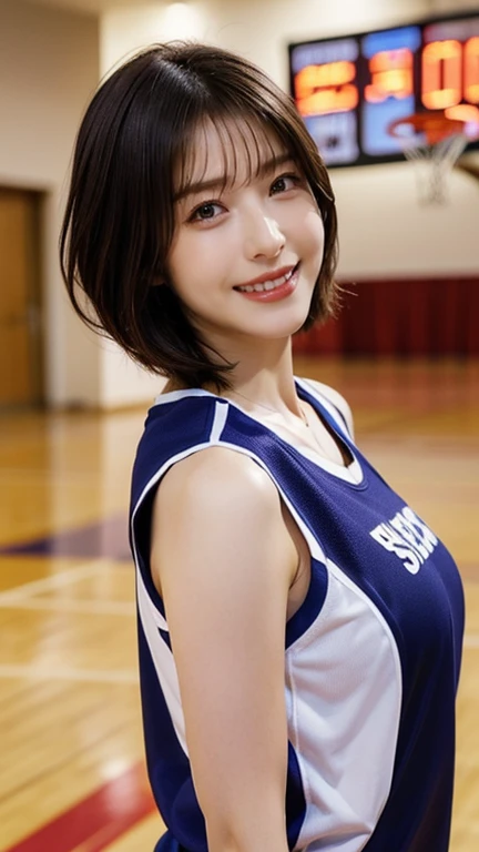(8K, RAW Photos, Highest quality, masterpiece:1.2), masterpiece, super detailed, super high quality, (Realistic and photorealistic photography:1. 37), High-resolution RAW color photos, Very delicate and beautiful, highly detailed, 8K壁紙, wonderful, detailed, Very eye, very detailed, very detailed skin, very thin fingers, very detailed nose, very detailed mouth, Perfect Anatomy, break,18-year-old girl, Very short hair,  Huge breasts, (Perfect figure:1.1), Big Natural Color Lip, (detailed 高品質, Realistic depiction of eyes:1.3), break, (Basketball Sportswear:1.2), Play basketball, break, (Gym:1.2),  Bold sexy pose, Gravure idol pose, Full body photo