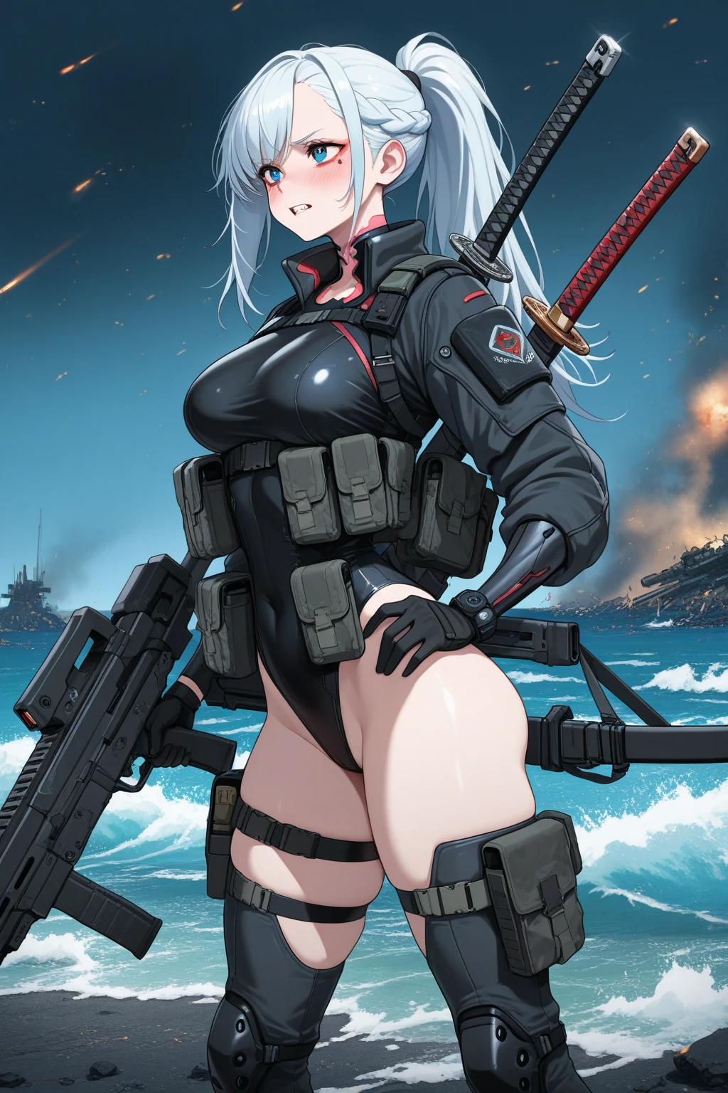 ultra-detailed, Explicit, Beautiful body, Beautiful Nose, Beautiful character design, perfect eyes, perfect face, ultra highres, 4K, beautiful legs, perfect legs, Nice hands, Perfect hand, Masterpiece, Best Quality, Highly detailed, illustration, absurdres, street fighter, doll suit, shadaloo doll, dollsuit, expressionless, blank eyes, looking at viewer, red gloves, emotionless, black latex, corrution, mind control, female combatant, full body, hypnotized, unhappy trance, full body suit, ribbed bodysuit, both arms at side, obey, perfect female body, extremely glossy latex, hypnosis, hypnoLora, empty eyes, Mind control device, poses, submissive_pose, Slave, hat, necktie, stand up straight, standing, standing at attention, hat, necktie, belt, latex, ribbed bodysuit, thighhighs, garter belt, Fighting Stance, extending the right arm from the shoulder into the air with a straightened hand, nazi saluting, military, military saluting, salute, thigh boots, 1girl, Sanya_v_Litvyak, Strike Witches, grey hair, green eyes, medium hair