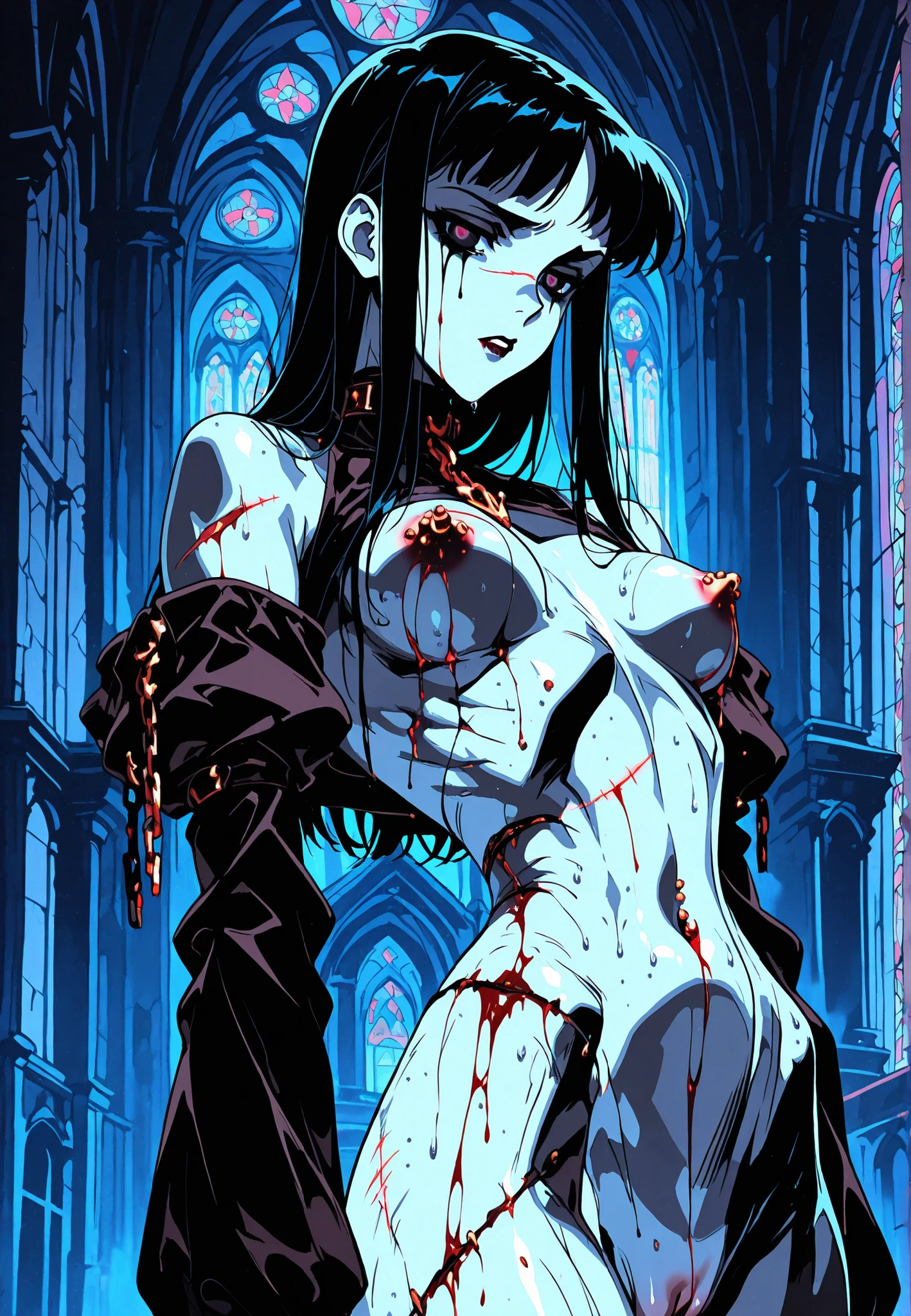 Gargoyle girl, upper body shot, dark eye, skinny girl, goth make-up, ruined make up, black tears, dark eyes, gray rocky skin, breasts, church, chains, bare belly, exposed midriff, titties, pierced nipples, bleeding nipples, belly button, ghost areolas, bare chest, pierced, long black hair, goth hair, bangs, skinny waist, naked, shaved pussy, bleeding pussy, sleeves, bare top body, hip bones, hips, sweaty body, bleeding, bleeding belly, hurt, scars, wounds. background: cathedral, dark atmosphere, violet light, dark background,