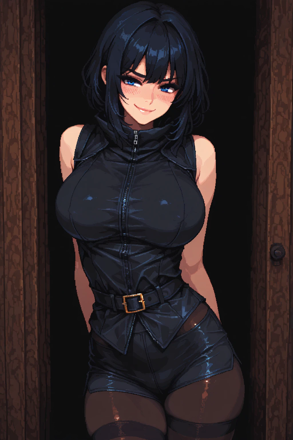 ((Masterpiece, top quality, super definition, ultra definition)), Solo, Full Body, (27-year-old Gothic woman in black leather German official uniform), wearing an army leather hat, (((Clear expression of body unevenness)), looking at the camera, (sitting with her back to the wall and bent knees), female body, nipple shape stands out, large breasts,  red eyes, black hair bob, front zoom, horizontal seat, yandere, strong makeup, constricted pupils, blank stare, deep shadows, SFW, dark, detailed hands, tall woman, sadistic smile quite present, sharp focus, dynamic angle, deep shadows, 8k resolution
