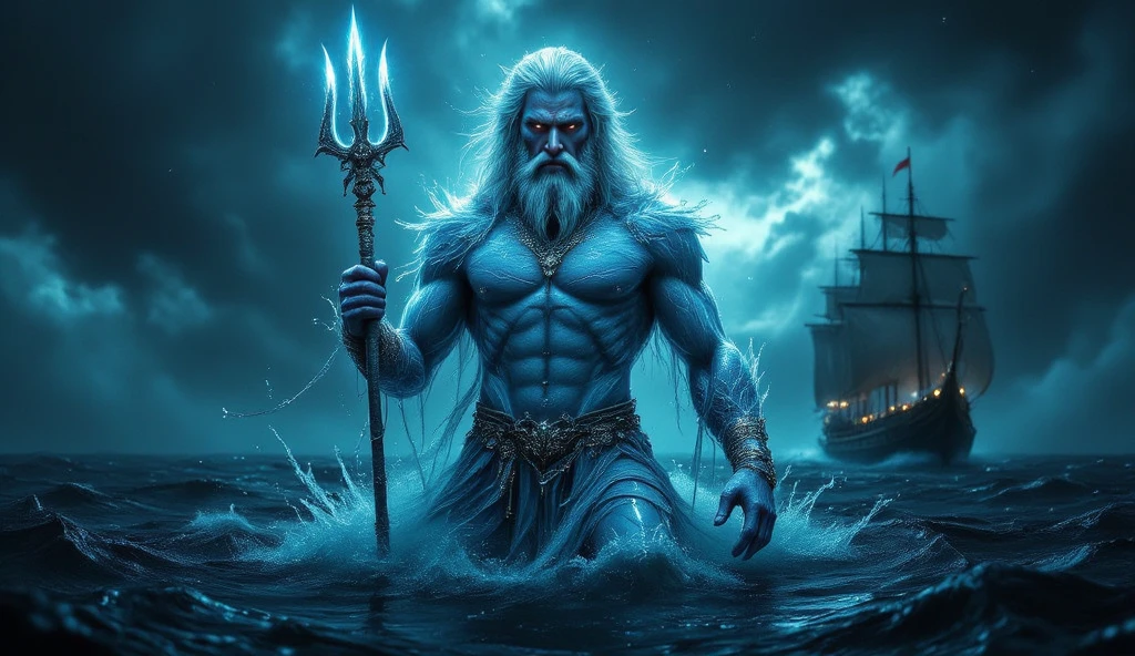A sea god with a powerful and majestic presence. He has a muscular build and a regal, flowing beard made of seaweed. His skin is a deep, oceanic blue with hints of silver, shimmering like sunlight reflecting on water. He wears a crown made of coral and seashells, and his eyes glow with the light of the deep sea. He holds a trident, its prongs resembling crashing waves, and his lower body merges into a swirling vortex of water. The background features a vast ocean, with turbulent waves and stormy clouds, highlighting his control over the seas.