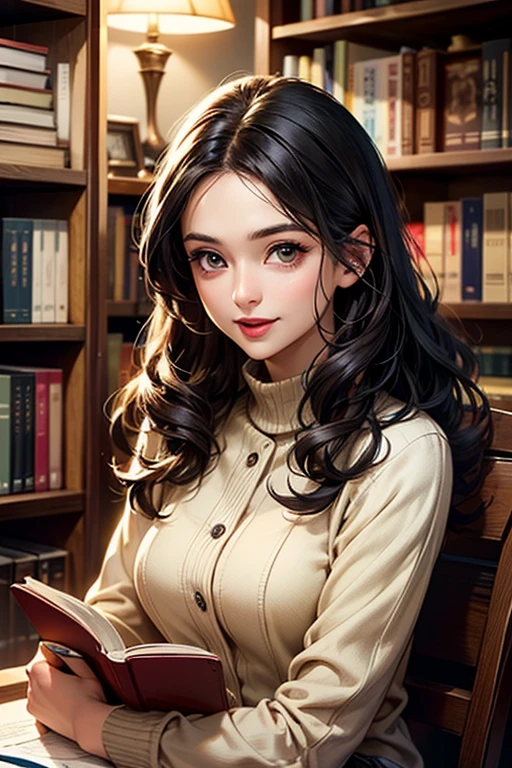 a smiling gril who is looking at book ,illustration,nft art,combination of 2d and 3d,acrylic painting, --auto --s2
