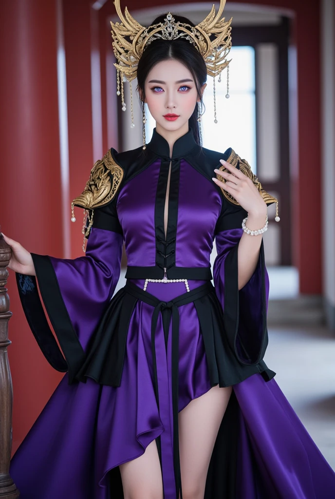 Murasaki Shikibu，poet，Beauty full body，She is wearing a tight fitting purple dress with black patterns，Wearing a collar and sleeves on his arms，Wearing a black vest，wears a long-brimmed hat，Luxurious and gorgeous，Holding a calligraphy brush，Wearing black high heels