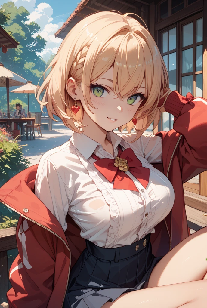 (masterpiece),best quality, expressive eyes, perfect face, 1girl,
big breast, H-cup, good breast, beautiful, gorgeous,anime,girl,lora, floating clothes,w sitting, w sitting on ground, legs on ground, Hands between thighs, arms between legs,aki shizuha,1girl,aki shizuha, blonde hair, short hair, yellow eyes, leaf hair ornament,red shirt,skirt,long sleeves,curtain chest ,hands on hips, hands on waist