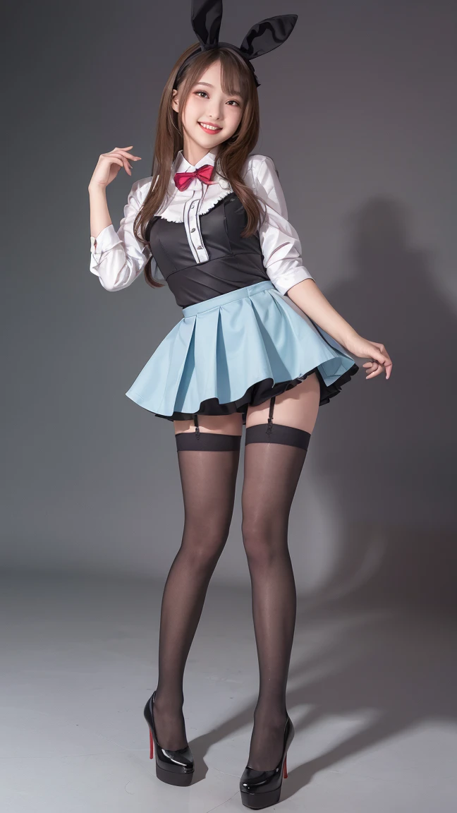 ((masterpiece)),(((Highest quality))),((Character design sheet)),Thin thighs,Long legs,((Alice in Wonderland, wearing a large ribbon on your head,, wear black tights,loafers))、15-year-old girl、(Raise your arms、Jumping with armpits exposed:1.2)、(Droopy eyes:1.2), (Very slim:1.4)、Plant and flower background:1.5