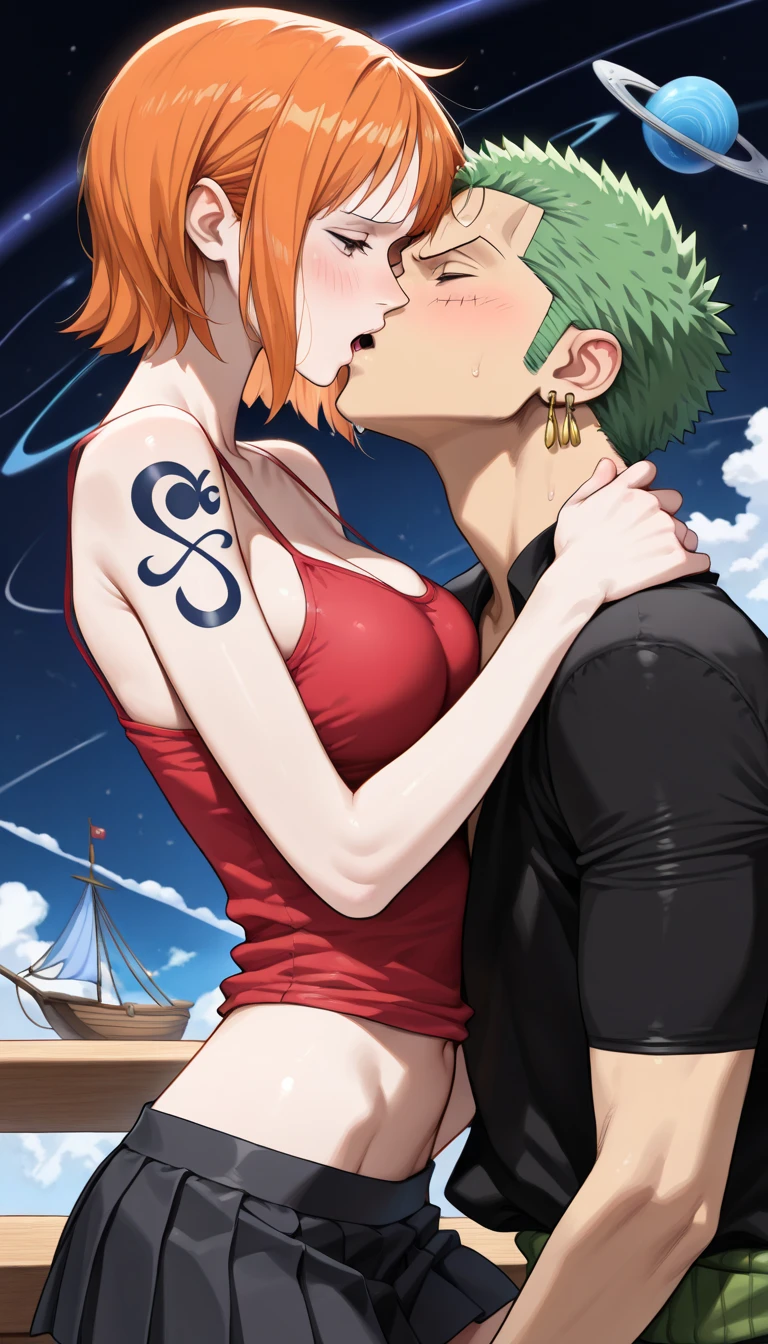 2girls, animegirl, duo, (( kissing)), ((Nami From One Piece)), ((Tatsumaki From One Punch Man))