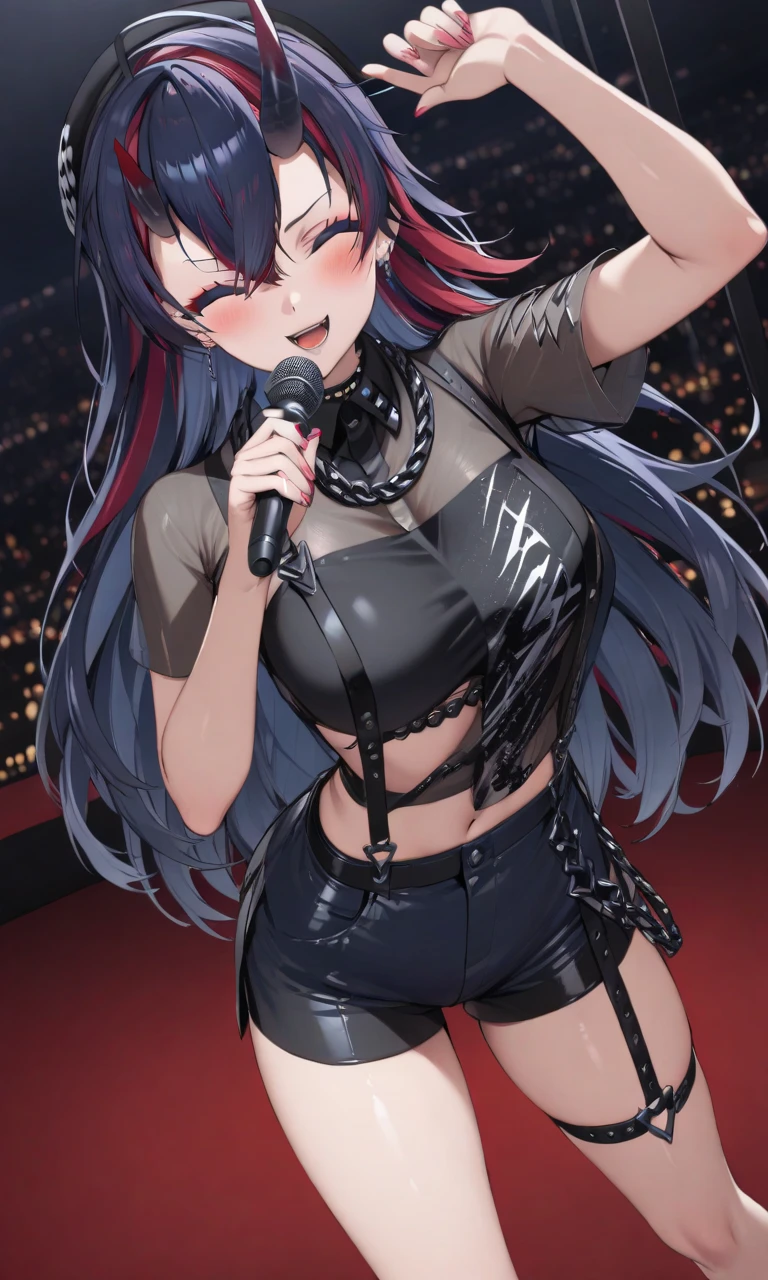 1girl, biker girl, cat ears, low cat tail, black hair, pink eyes, rock concert, showing v sign with hand, tongue out, playful, playful wink, slender, sinuous, fishnet top, black denim shorts, black boots, technician