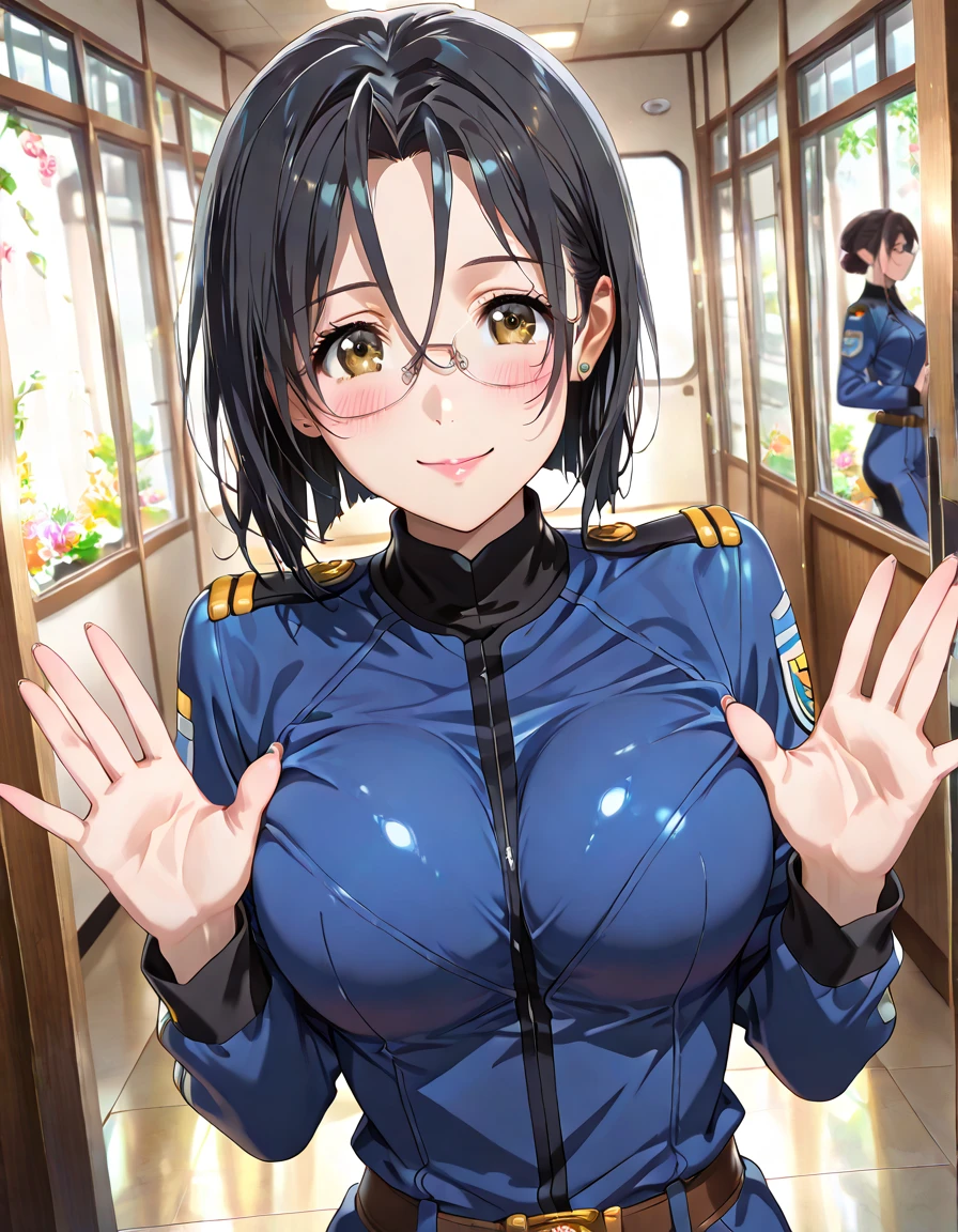 (Perfect body),Best Quality,(8K Portrait),(Official art)、((Police Woman)),(((Wink))),blush,Sweat,((large udder))、(puffy niples)、(Dark hair),((bob cuts))、Yellow eyes,(thick thighs)、Adult Woman、Cowboy Shot、(Leaning forward)、(A smile)、(Right-handed salute)、Wavy mouth、in poolside、Pink 、(Navy blue jacket)、(Navy blue high-leg swimsuit)、((fullnude))、Show your teeth、(Left hand on hip)