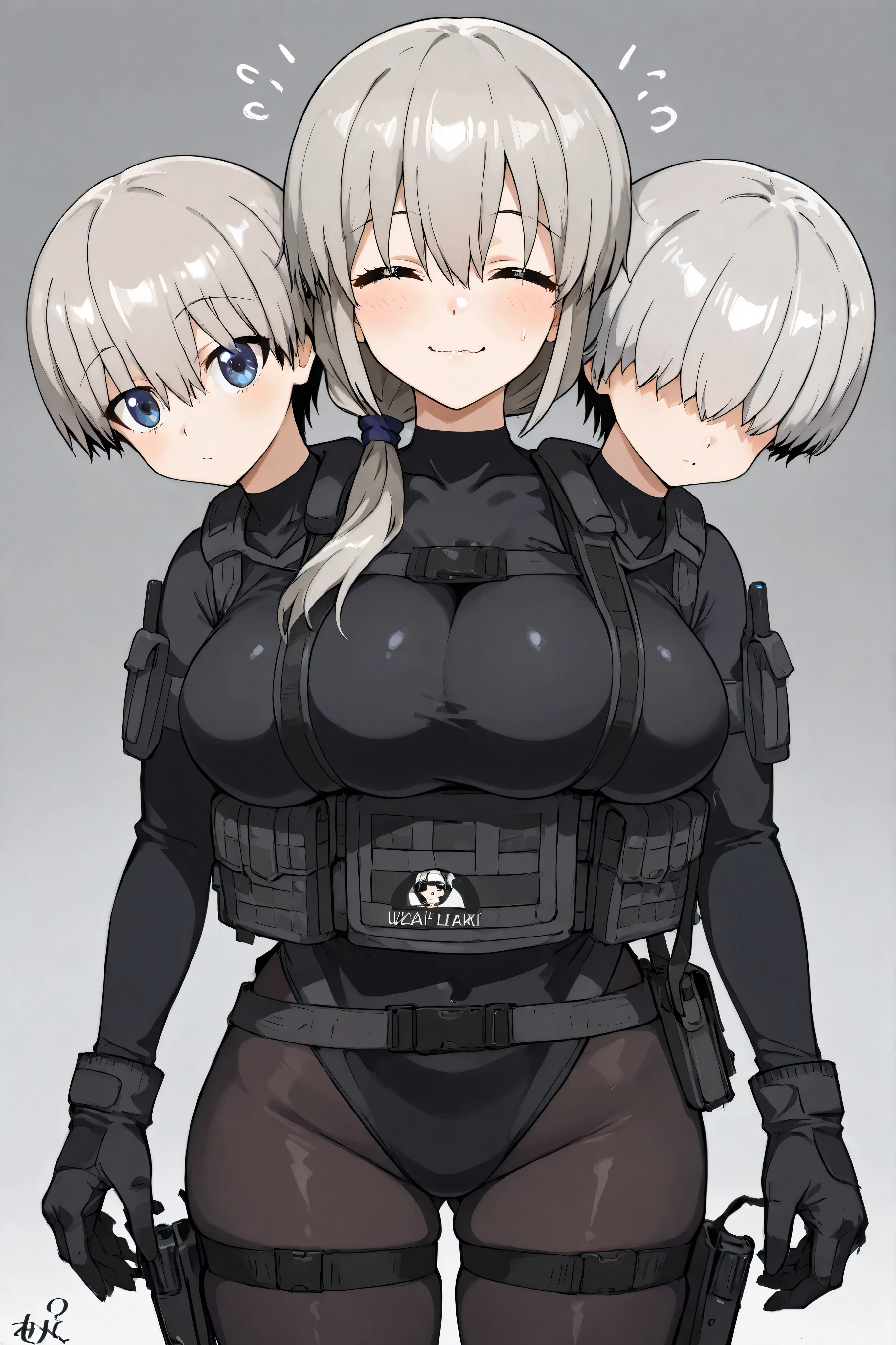 conjoined, 3girls, 3heads, three heads, a tall thin girls with 3heads, TripleTits, three breasts, grey hair, short hair, hair over shoulder, closed eyes, hair, hair over eyes, covered eyes, blue eyes, black leotard, black bodysuit, black pantyhose, bulletproof vest, loose black gaiters, black gloves, tactical gear, upper body, front shots, uzaki tsuki, uzaki hana, uzaki yanagi,