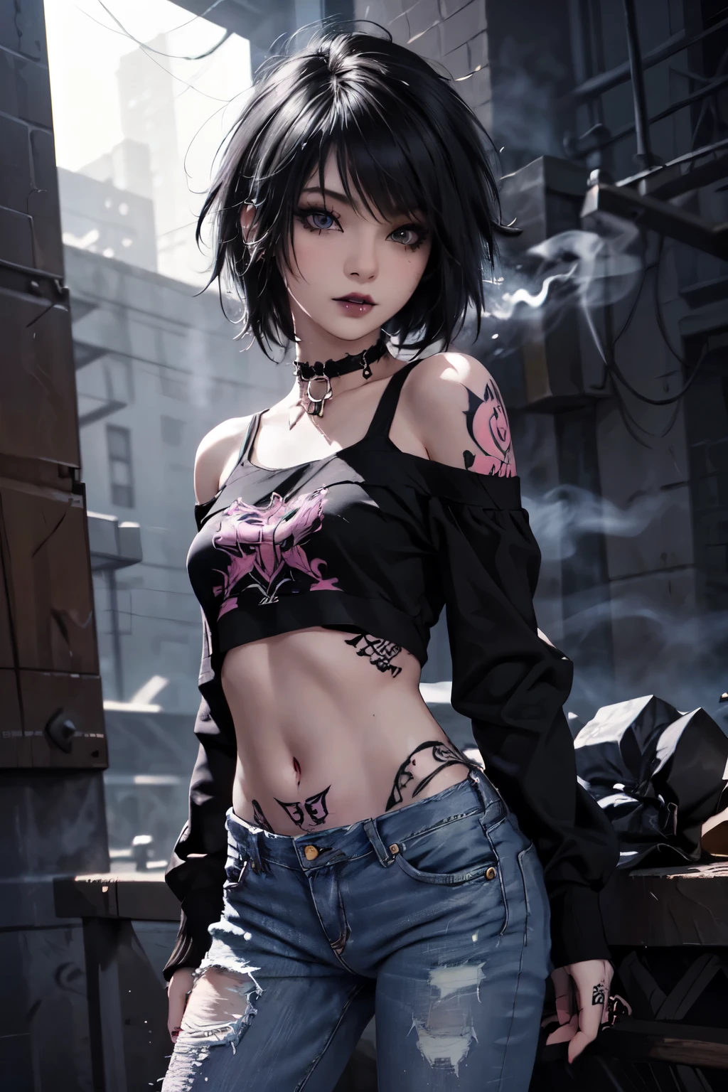 punk rock, tattoos, midriff, piercings, blue hair, short hair, ripped clothes, pantyhose, nose piercing, black lipstick, pale skin, legs, eyeshadow, thick eyebrows, bellybutton ring , choker, from above, wide stance, bomber jacket, ,