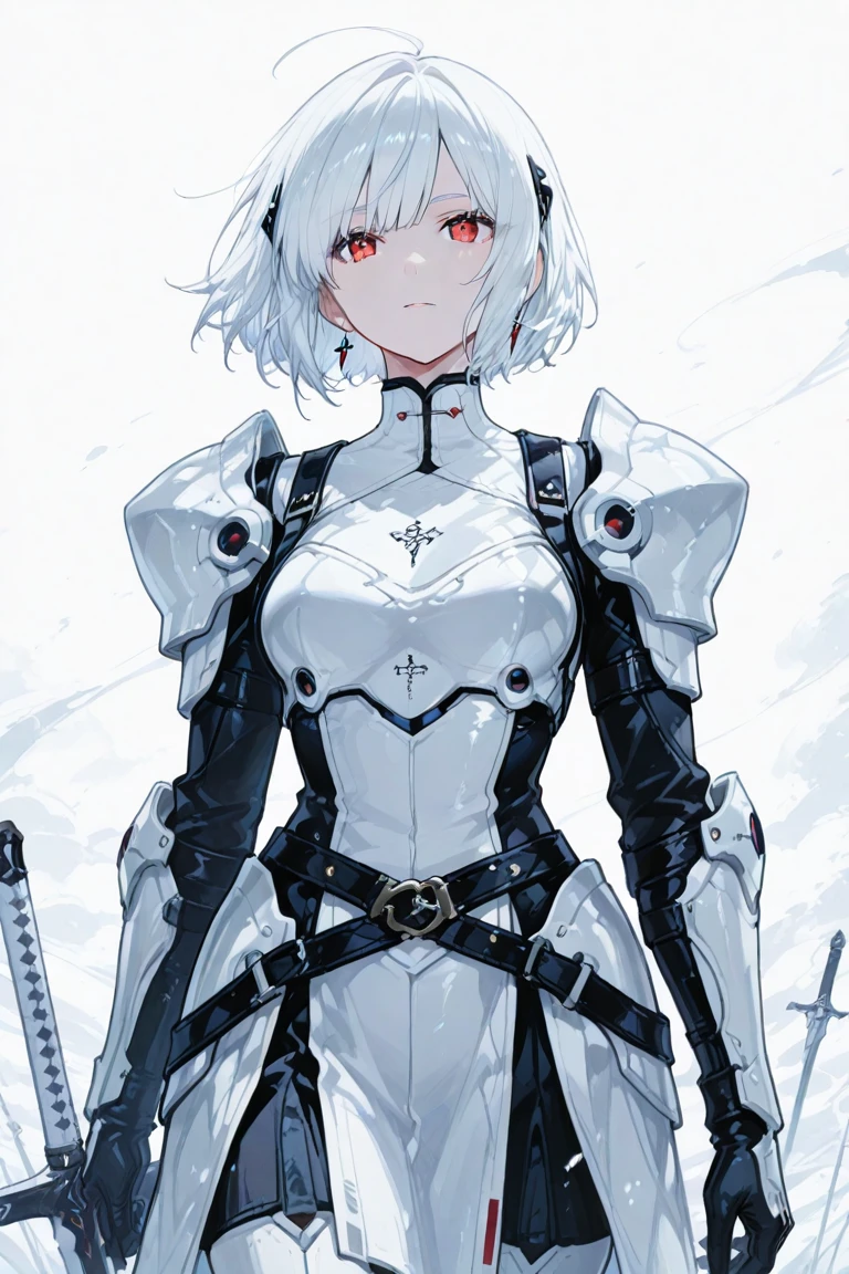 masterpiece , a girl, in a field, ( lite white short hair:1.2), (red eyes:1.2), (Crausader:1.2), (looks at the viewer:1.2) , (8k, best quality 1.2), ultra-detailed, 8k uhd, soft lighting, high quality, film grain, beautiful lighting, cinematic ,perfect body , best illumination, best shadow, sharpness, contrast, red glasses, messy hair, , absurdres high detailed face, steel armour, great sword