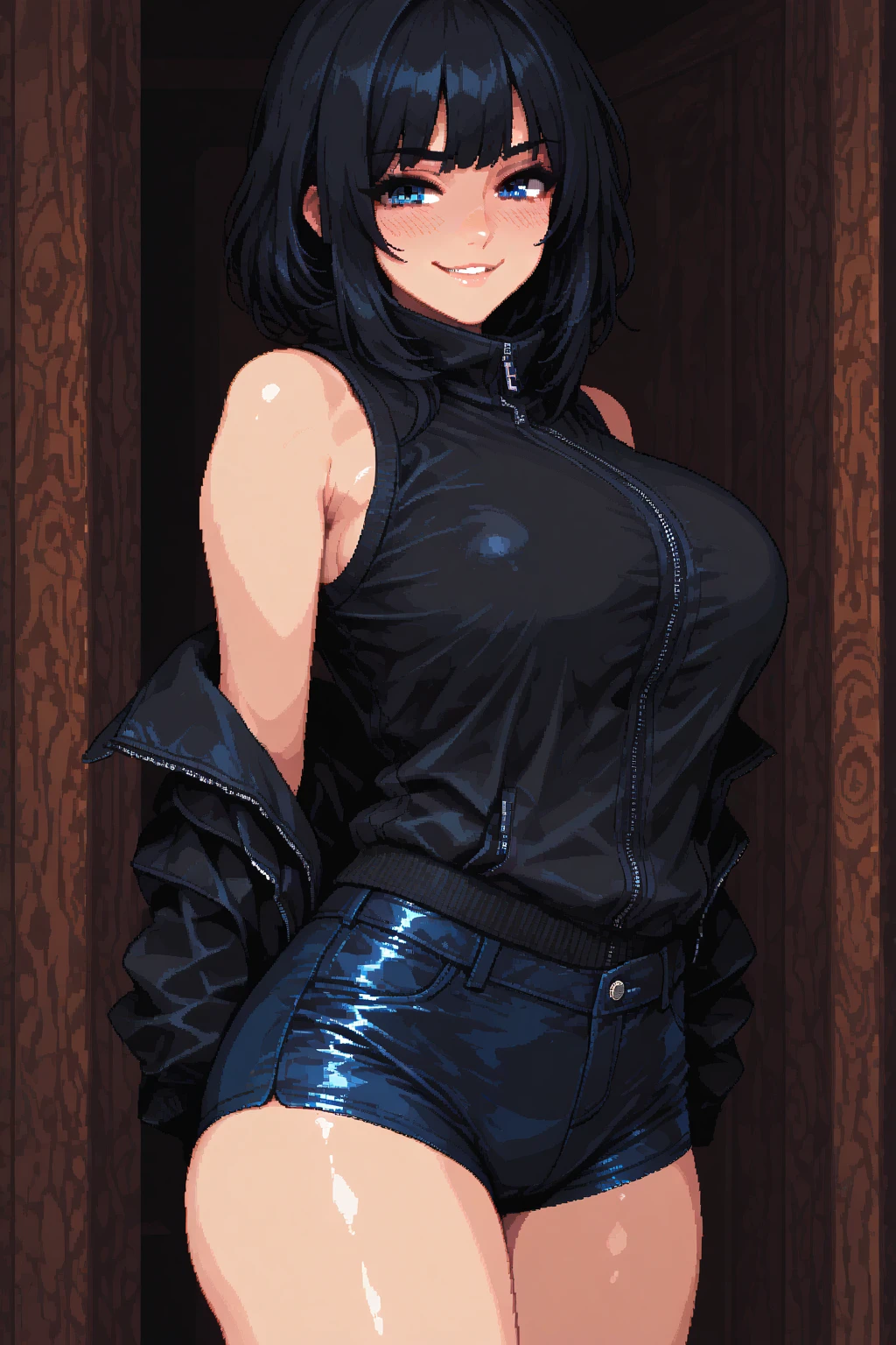 source_anime, rating_explicit, score_9, score_8_up, score_7_up, black_hair, goth, gothic, short_hair, looking at viewer, crop top, skirt, thighhighs, black clotges, goth girl, ikuchan, rape face, sinister, scheming, smirk, standing, indoors, bedroom, fancy wallpaper, solo