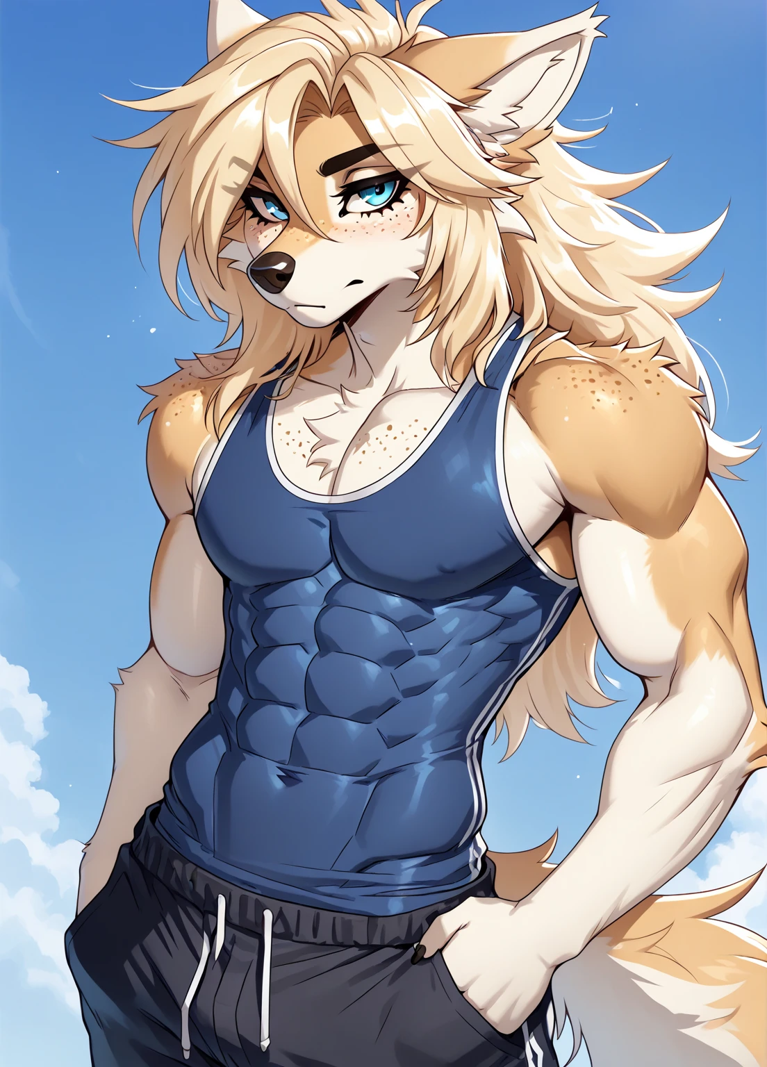 (male:1.3) (furry:1.5) anthro, mouse, muscular, plantigrade, blue eyes, soft yellow fur, short blonde hair, heavy bulged, posing with arms up, silver necklace, digital painting, tank top, sweaty, erect, smiling (cocky), pink nose, buck tooth, nsfw