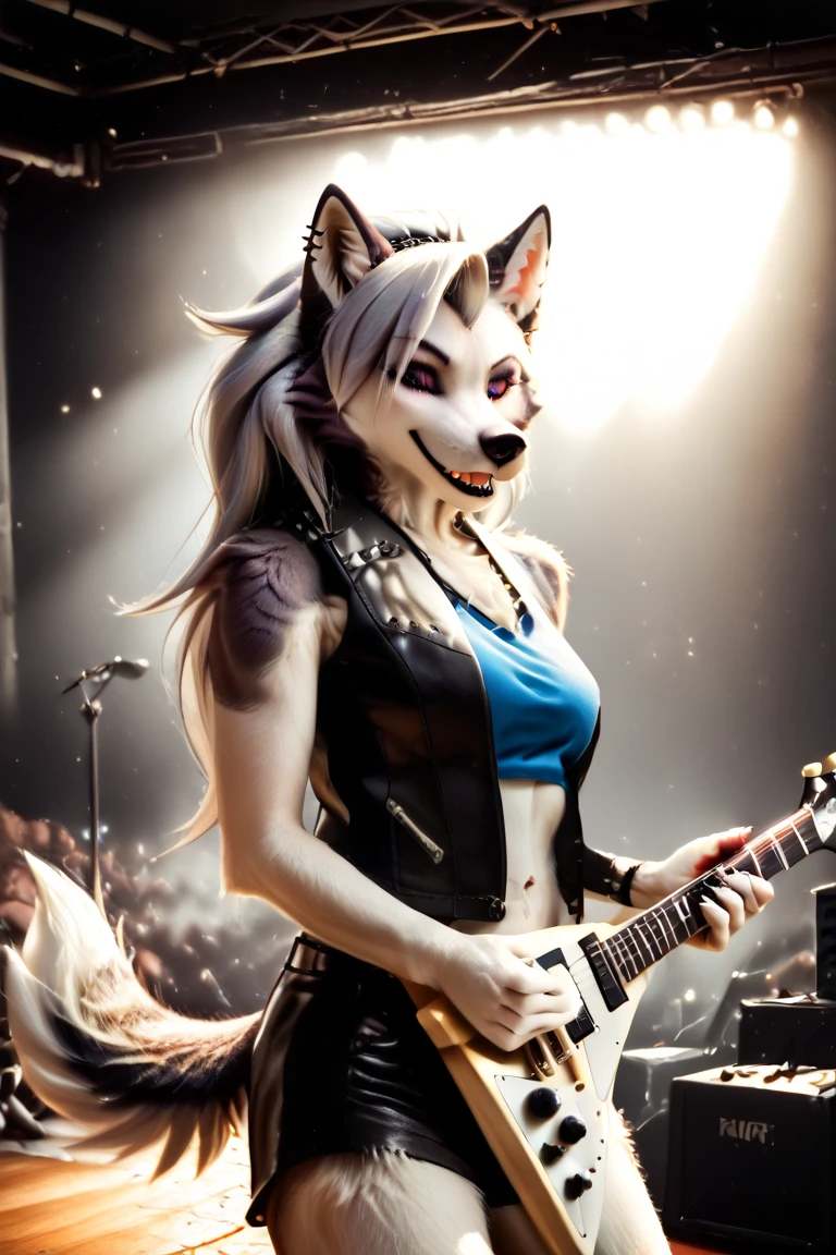 uploaded on e621, (by Wildering, by Koul, by fluff-kevlar, by aycee), solo, female wolf, wolf ears, neck tuft, hip tuft, leg tuft, wolf tail, ((black sclera, purple eyes)), ((rockstar outfit)), ((portrait)), (masterpiece), (best quality), (anthro furry:1.3, snout:1.2, anthro:1.3, furry:1.2, solo female:1.2), (hourglass figure, curvy figure), (wide hips), (thick thighs), ((huge breasts)), (suggestive pose), (((black stripes on body, grey fur))) BREAK (((white punk hair))), (concert stage background, depth of field, ambient light on the body), (intricate:0.7), (high detail:1.3), (unreal engine:1.3), (sharp focus:1.15), (masterpiece, best quality, 4k, 2k, shaded, absurd res), ((cleavage overflow)), ((leather spiked collar)), ((holding electric guitar)), ((singing))