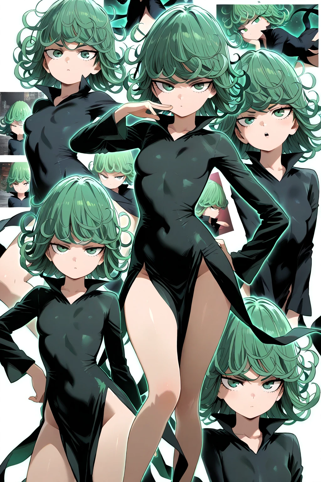 a set of different poses of a same character, character with a bunch of different poses, sprite sheet, characters 8k symmetrical, anime girl figures, spritesheet, sprite sheet walk cycle, 2 d sprite, sprite 2 d, dancing character, green hair, green short hair, yellow eyes, (((muscular))), small breasts, thick thighs, solo, angry, (pale skin), running, working out, (((black clothes))), erotic in all poses, sexy, bare feet, set of high quality hd sprites, spritesheet, intricate, sprite sheet, gif, white background, tatsumaki one punch man