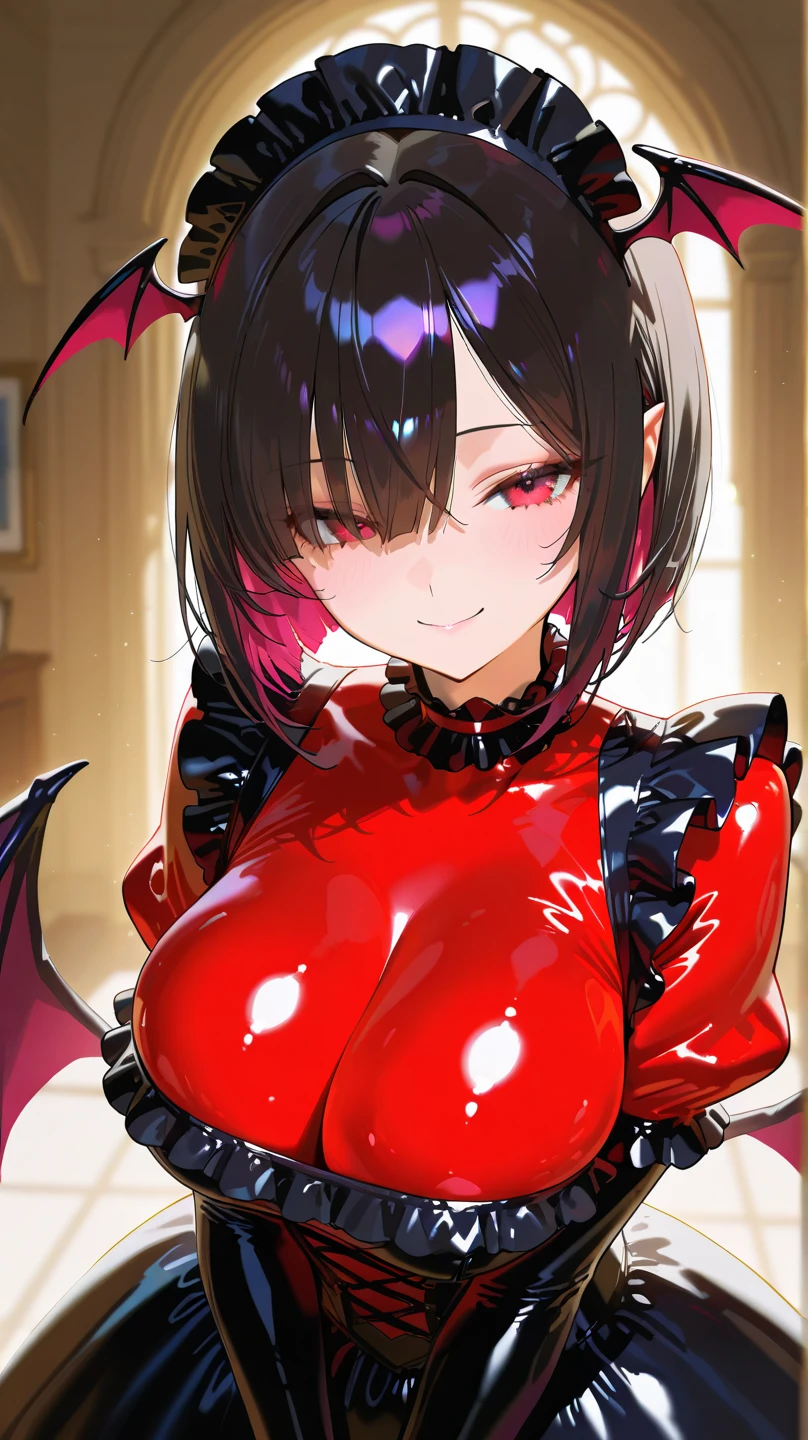 masterpiece, best quality, 1girl,black hair, (finely detailed beautiful eyes and detailed face),pink leotard,latex costume,military coat,cinematic lighting,bust shot,extremely detailed CG unity 8k wallpaper,solo,(enamel leotard:0.3),