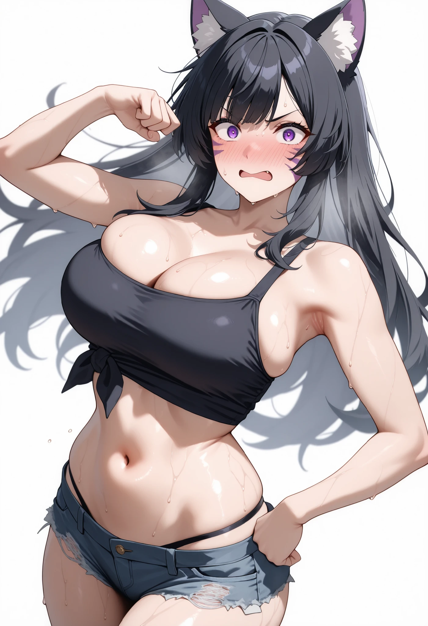 1 milf, purple and slightly black hair, wearing a black tank top, cynical look, angry face, white background, sexy pose, sex scene