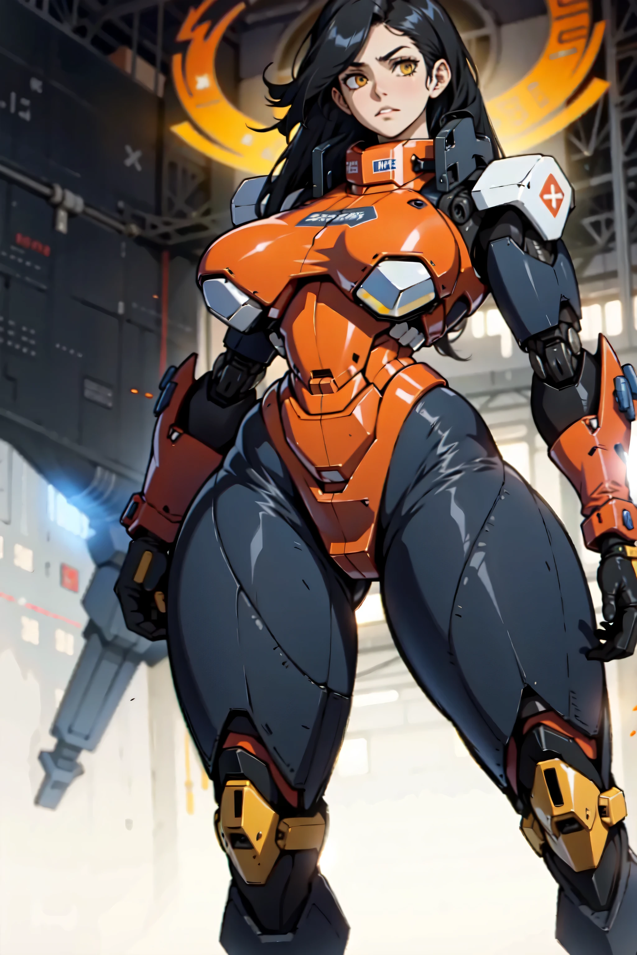 (((muscular))), (thick thighs, small breasts, toned body, 1 girl), black hair, pale skin, yellow eyes, angry, very long hair ((full body cybernetic armor))