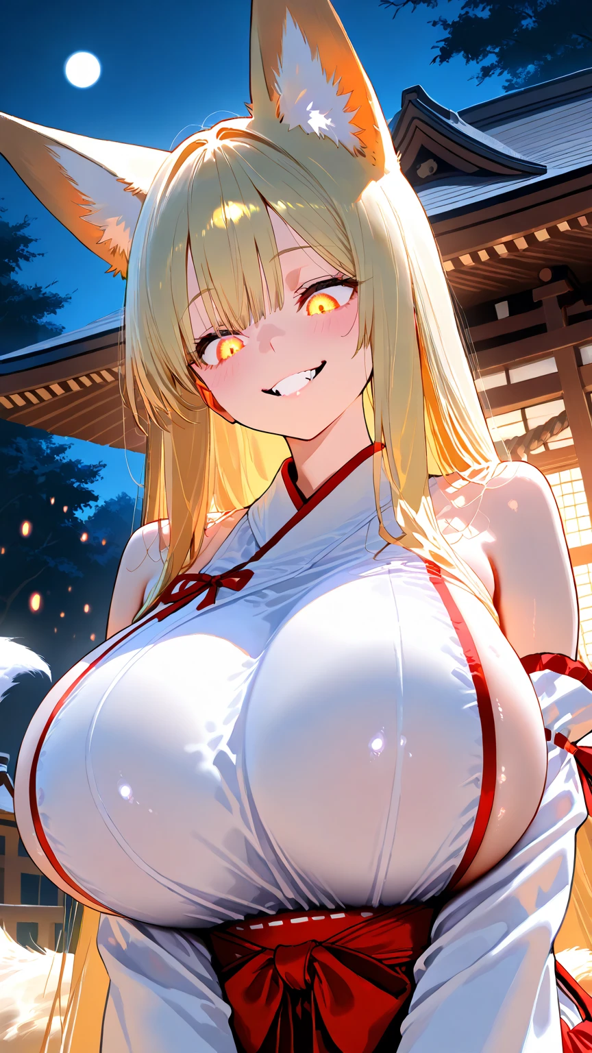 highest quality、smile、Big Breasts、Cleavage、Deep slit、Fox ears、Long blonde、Red Eye、Private room
