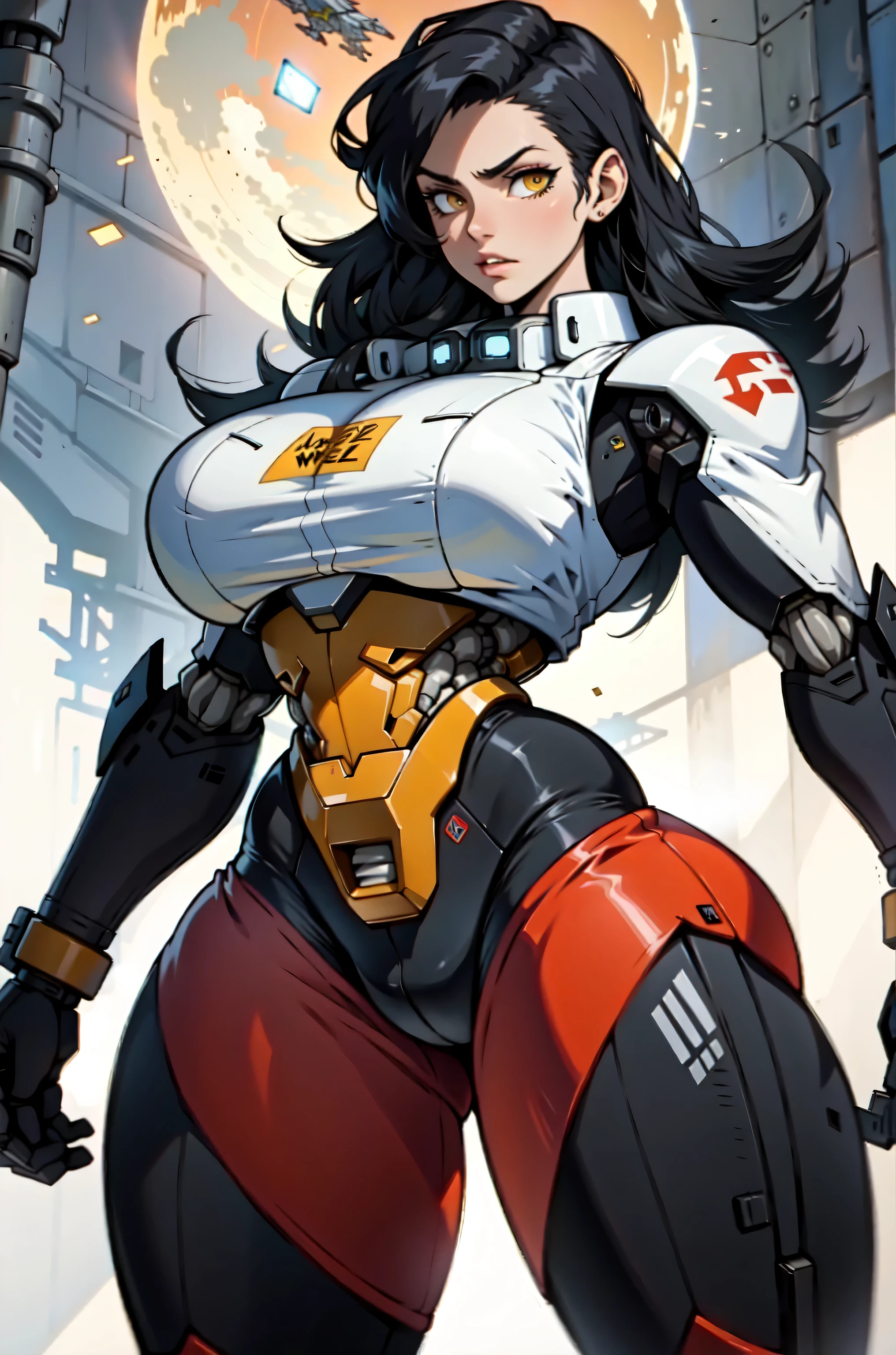 muscular girl large breasts black hair yellow eyes pale skin sad mecha musume