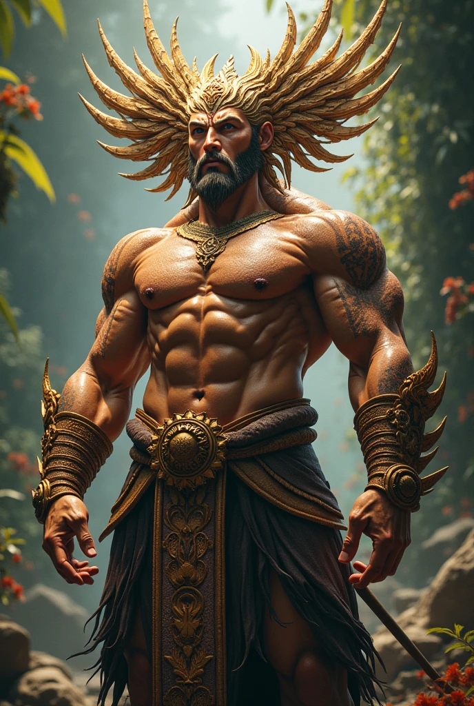 Cinematic soft lighting illuminates a stunningly detailed and ultra-realistic hyper muscular handsome aged 32 young "Rodrigo Cavalcanti" bodybuilder with big arms, very light skinned, exuding huge sexual aura, ((mech)), ((majapahit_warrior)), meticulous muscle definition, erection, jacked, big pecs, poseflex, hairy body, ((bara)), tan skin, that is trending on ArtStation. Octane is the perfect tool to capture the softest details of this 16k photography masterpiece