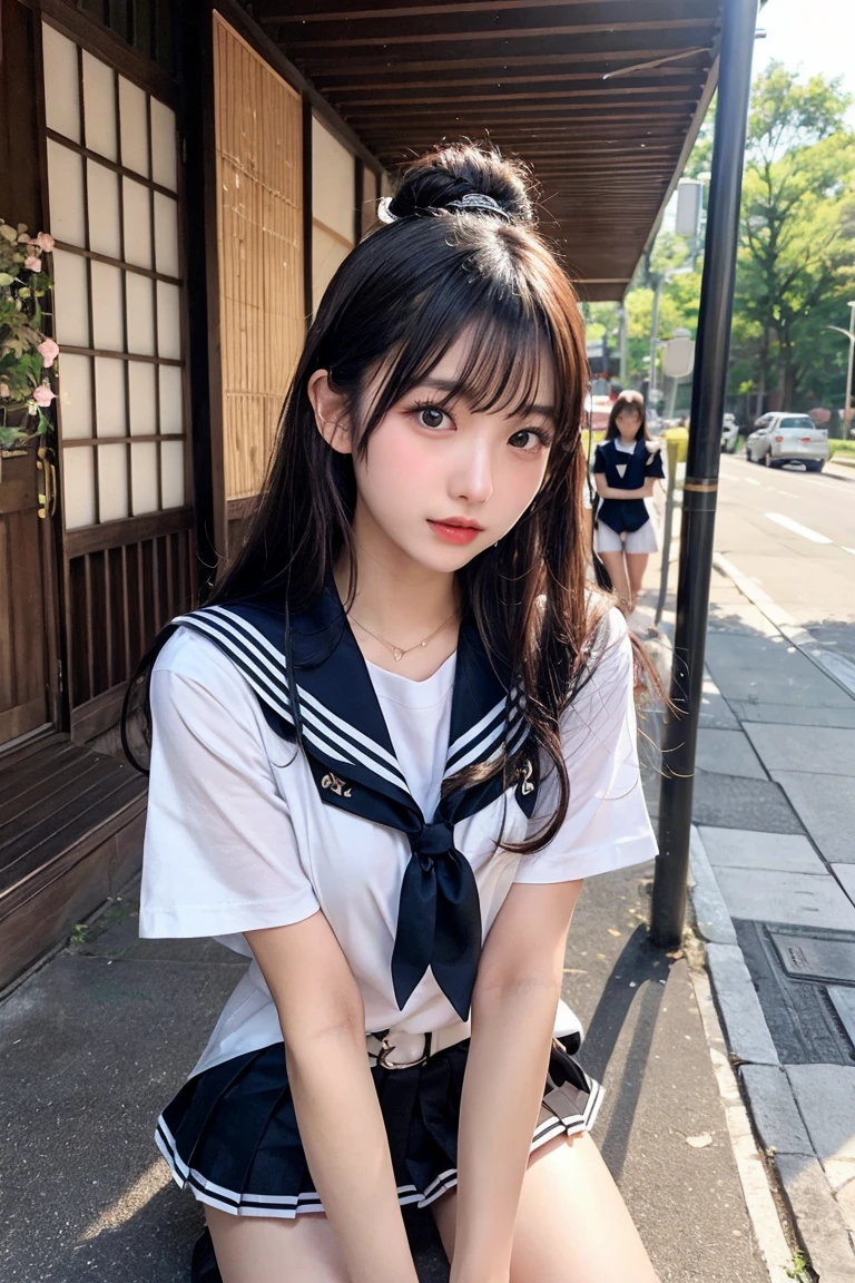 a sailor suit、a miniskirt、a picture、masterpiece、top-quality、(1 Girl's dark eyes and black hair)、Miraculously pretty girl, japanes, ( 15yo student,)、a miniskirt、清楚なa sailor suit、White High Socks、Loafer shoes、(a miniskirtスイングセクシーラウンド: 1.3)、(白い急降下a sailor suit:1.Oses Validas、wearing japanese school uniform, a sailor suitの制服, Twin-tailed, Kantai Collection Style, Wearing school uniform, Dressed in uniform、Wearing school uniform, ((jcUniforms)), official artwork, School uniform, a-1 body display image)))、Detail Beautiful delicate face、(Detail Beautiful delicate eyes:1.32)、Sitting with your knees 、nogizaka、Beautiful black eyes:1.3、17-year-old schoolgirl