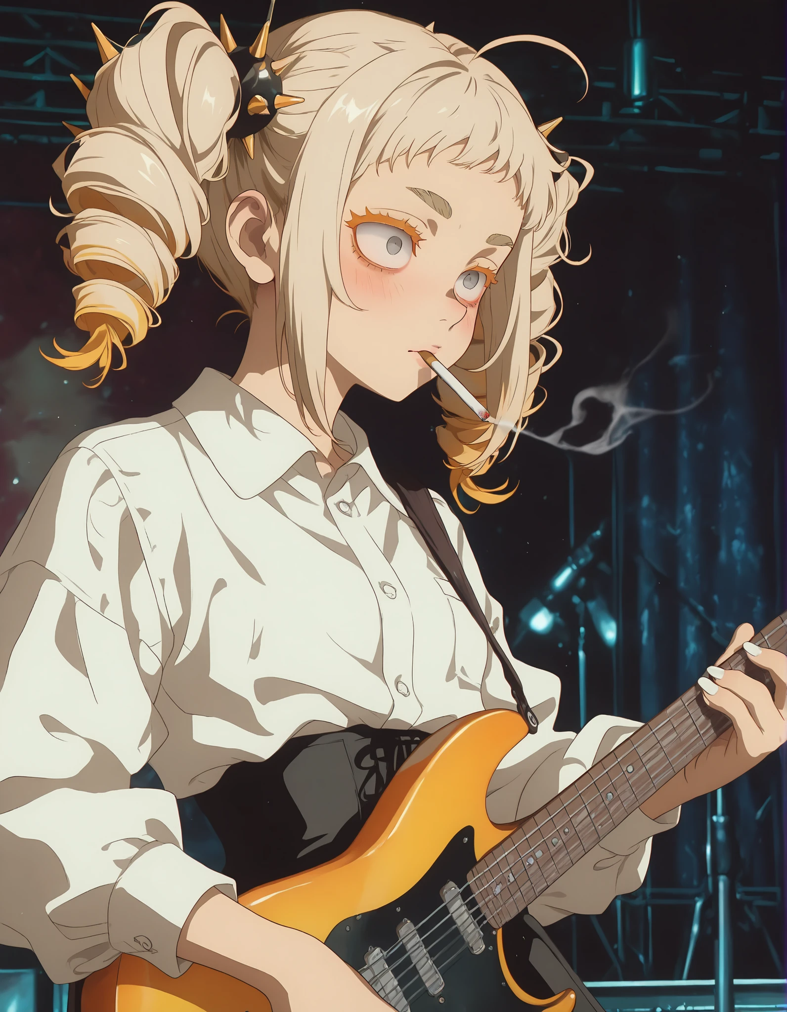 Masterpiece, best quality, very aesthetic,  1girl,solo, (white nails, thick eyebrows), beige skin tone, upper body, from side, slender body, blush, calm, closed mouth, looking side, (gray eyes, orange eyelashes, tareme eyes, constricted pupils, ),(medium hair, yellow ahoge, spiked hair ornament, twin drills, beige hair, multicolored hair, yellow tips hair, sidelocks, ,short bangs, shiny hair), standing, cigarette on mouth, smoker, smoke, dynamic pose ,holding guitar, stratocaster , on stage, strumming, dark atmosphere,4k,  soft focus, particles, anime coloring, anime screencap,  white dress, long sleeves,collared dress, black corset, aesthetic, LDSCH, anime screenshot,  usnr