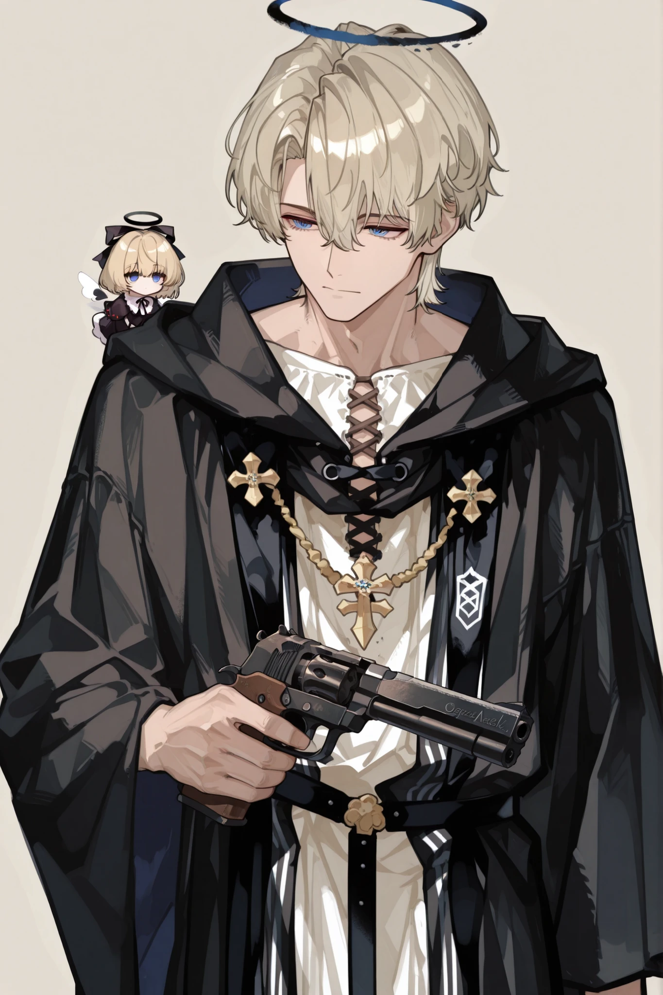 male,Probably 25 years old, beige hair,blue eyes,Black Angel Halo,white Roman clergyman's robe,melancholy eyes, holding a handgun , no background