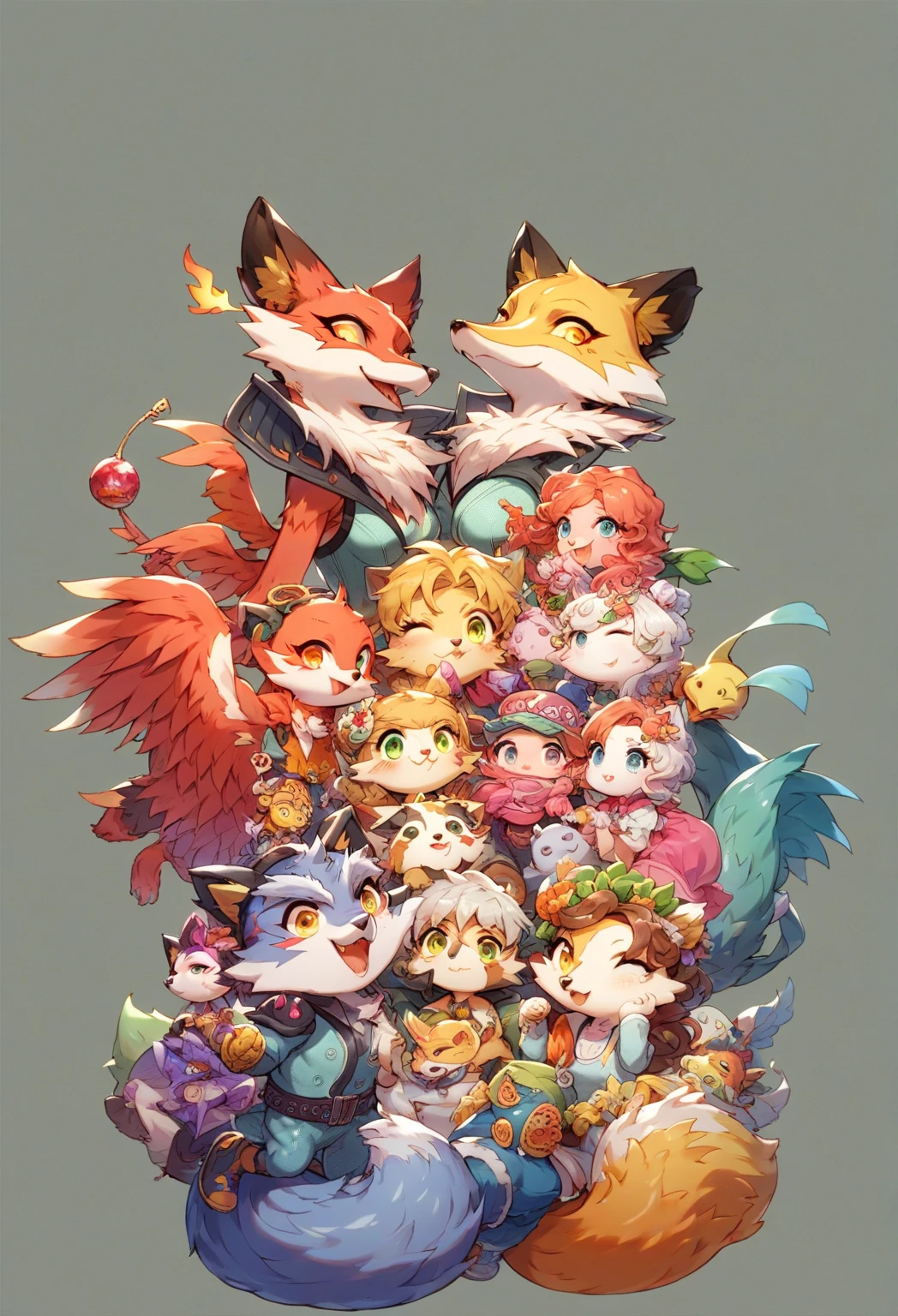 Several cats and dogs of different colors are grouped together, Furry Art!!!, fursona art, very very beautiful Furry Art, Furry Fantasy Art, Colorful Fox City, Detailed fan art, Furry Art, Furry Animals, furry fandom, Lovely detailed artwork, Lots of fur, pov Furry Art, Furry Convention, Familiar elves, Very detailed and beautiful fan art
