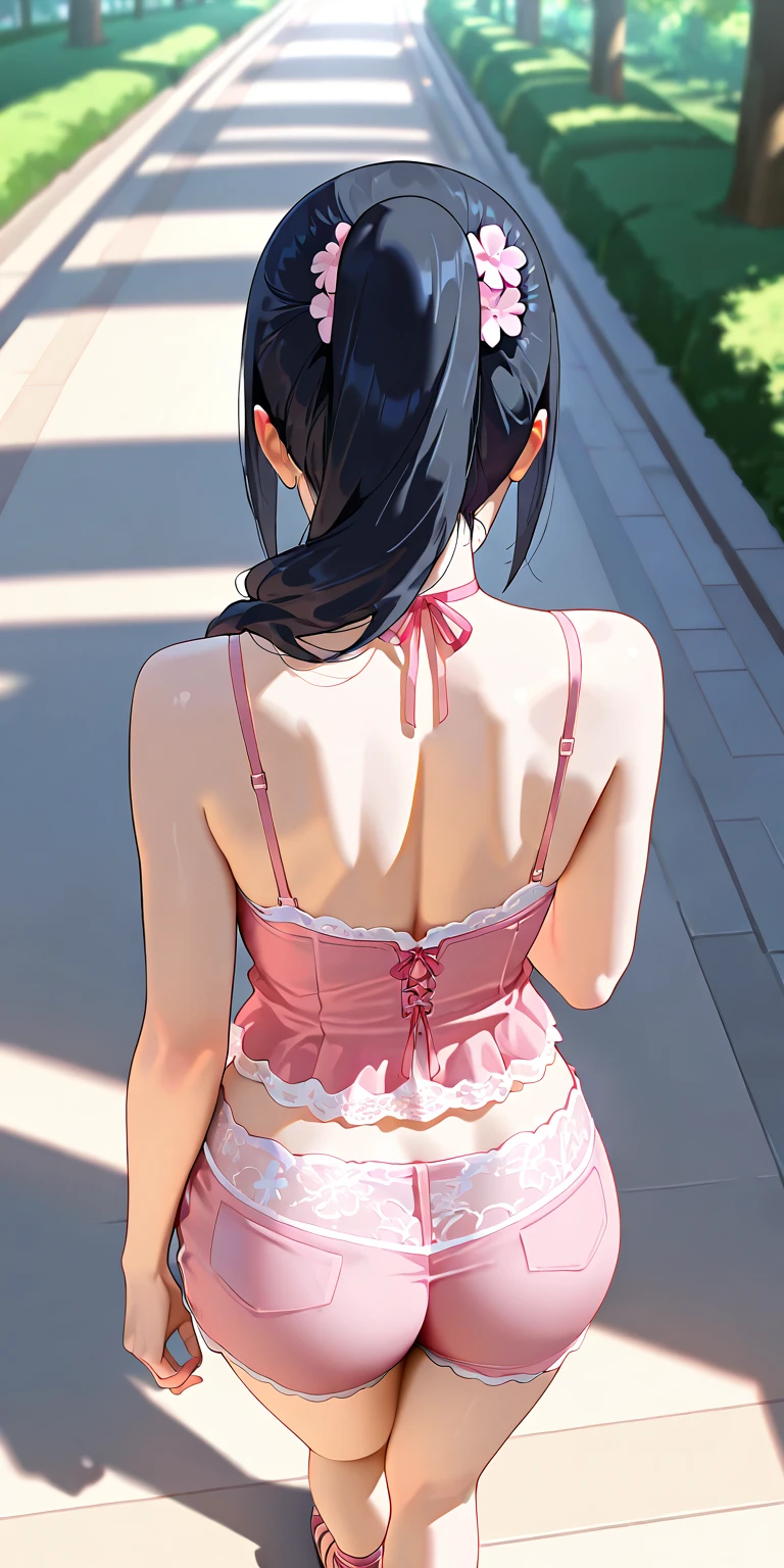 pieces fly、highest quality、High resolution、nffsw、perfect pixel、1 girl、cute、perfect body、anatomically correct、beautiful eyelashes, realistic eyes、smile、((Clear pink giant strawberry pattern bra))、((Clear pink giant strawberry pattern pants))、wearing only underwear、smooth texture:0.75、outdoor blue sky、I can see your pants、Bra visible、Overall bright、cinematic light、black hair、brown eyes、get down on all fours、((Turn your ass to me))、turn around、お尻を自分に向けてturn around、angle from behind、raise your butt