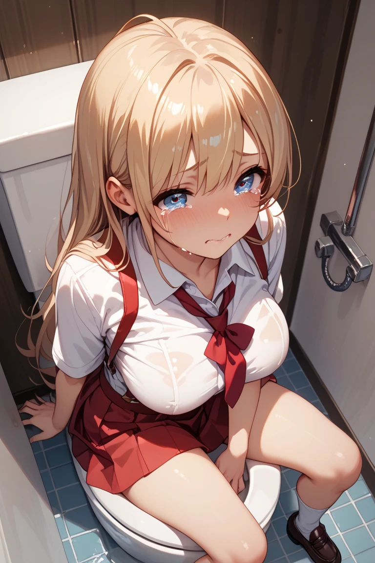((One Womanは男性用便器に寄りかかって口を開けて跪いている:1.4), (One Woman:1.4), ((highest quality)), (Super detailed), (Very detailed CG 統合 8k 壁紙), Very detailed, High resolution raw color photos, Professional photography, A little dim lighting, ((Smooth texture:0.75, Realistic texture:0.65, Realistic:1.1, Anime CG Style)), Beautiful Anime Girls, Beautiful art style, Anime characters, ((Beautiful big breasts)), Brown Hair, Twin tails, Great face and eyes, Slender body, (Amazingly beautiful girl), (Public toilets:1.3), ((Navy Blue Blazer:1.2), White shirt, Checked Skirt, Red ribbon at neck), (Her shirt is open around her chest, exposing her bra, Stylish pink micro lace bra), Exact number of arms, Exact number of legs, Perfect Anatomy, (Embarrassed expression, (Expressions of sexual pleasure:1.4), Facial expressions holding back pee, A little surprised expression, close your eyes, Stargazing, Exhausted), (Melted white ice cream dripping down her cleavage:0.9), Angle from above, (Cum On Face:1)