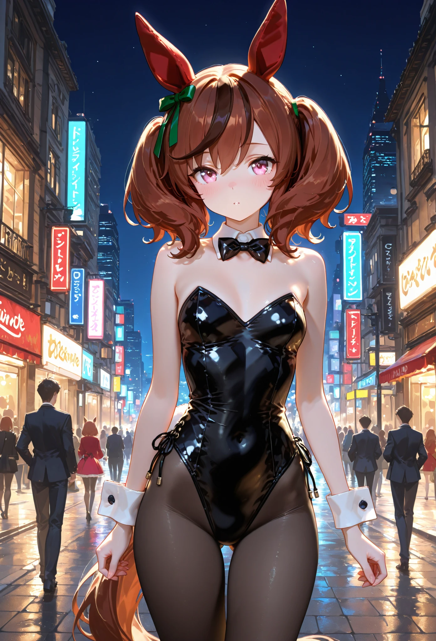 nozomitoujou, nozomi toujou, green eyes, brown hair, short curly hair, masterpiece, best quality, high resolution, beautiful detailed eyes, extremely detailed face, good lighting, detailed CG, messy hair, glossy lips, city street, night, neon lights, crowd, bunnygirl, bunny ears, detached collar, wrist cuffs, strapless leotard, fishnet tights