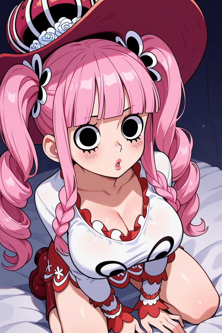 nsfw,1 person,Sweat,White Breath,solo,ONE PIECE,Perona,(Cleavage voyeur),sit,Prank look,room,On all fours,