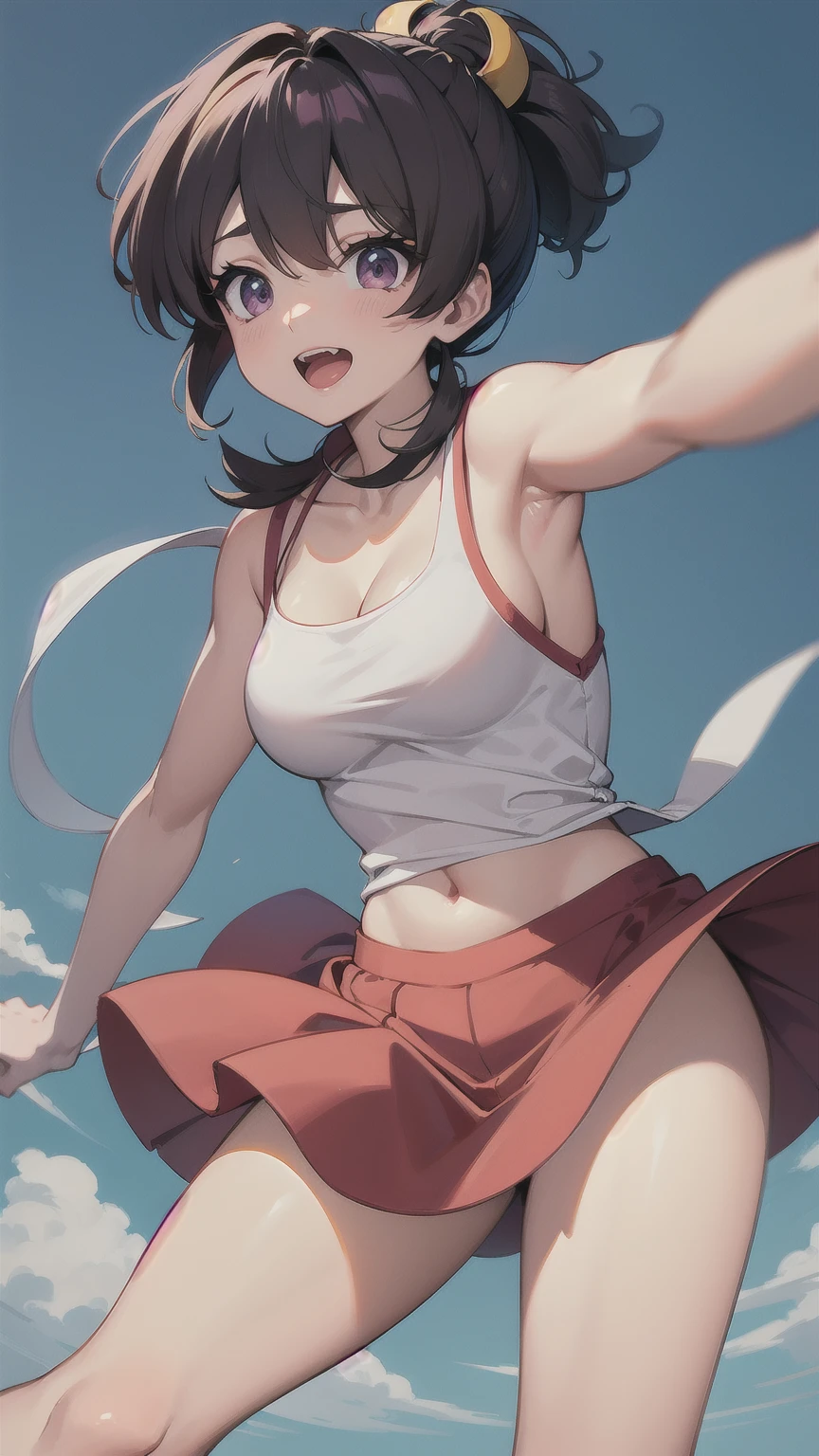 white sports bra, cleavage, mini skirt, wind blowing skirt, blush
