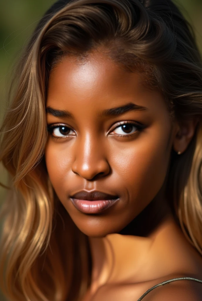 Create a young woman with skin pigmentation with a lot of melamine in a sexy and sensual way