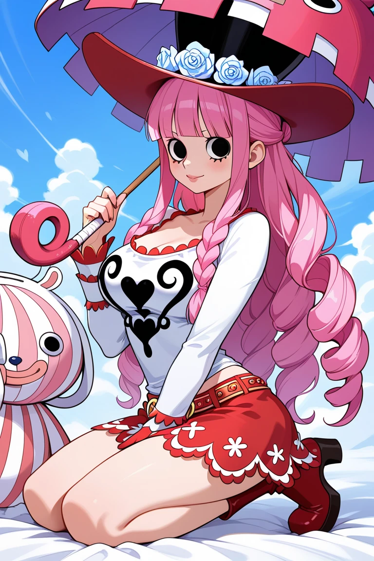Young woman with long pink hair,large breasts and wide hips,wearing only flowery pink bra and short shorts,white boot,with a pink hat,with a sword sheathed at her waist,the hilt of the sword is golden