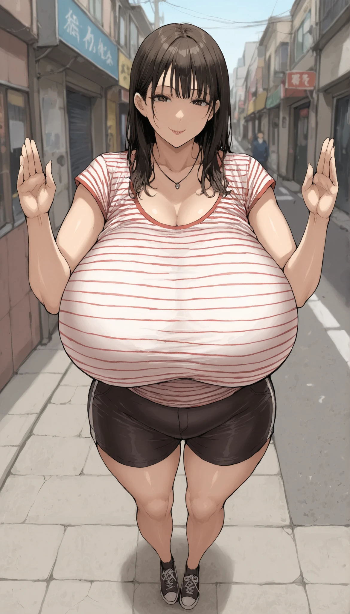 Score_9, score_8_up, score_7_up, score_6_up, score_5_up, score_4_up, source_anime, cute milf girl, detailed eye, BREAK Mamako Ohsuki, conservative dress, bare shoulders, twist hair, accessories, sagging gigantic huge biggest breasts, huge areolae, areola slip, long nipple, dark nipple, hairy stomach hair, hairy armpit hair, Japanese, cute Japanese, sweating, heart mark words, in city, carry little boy piggyback, piggyback on back, side view, family atmosphere, penis, sex, inserting penis, midriff-baring dress, wide hip, makeup