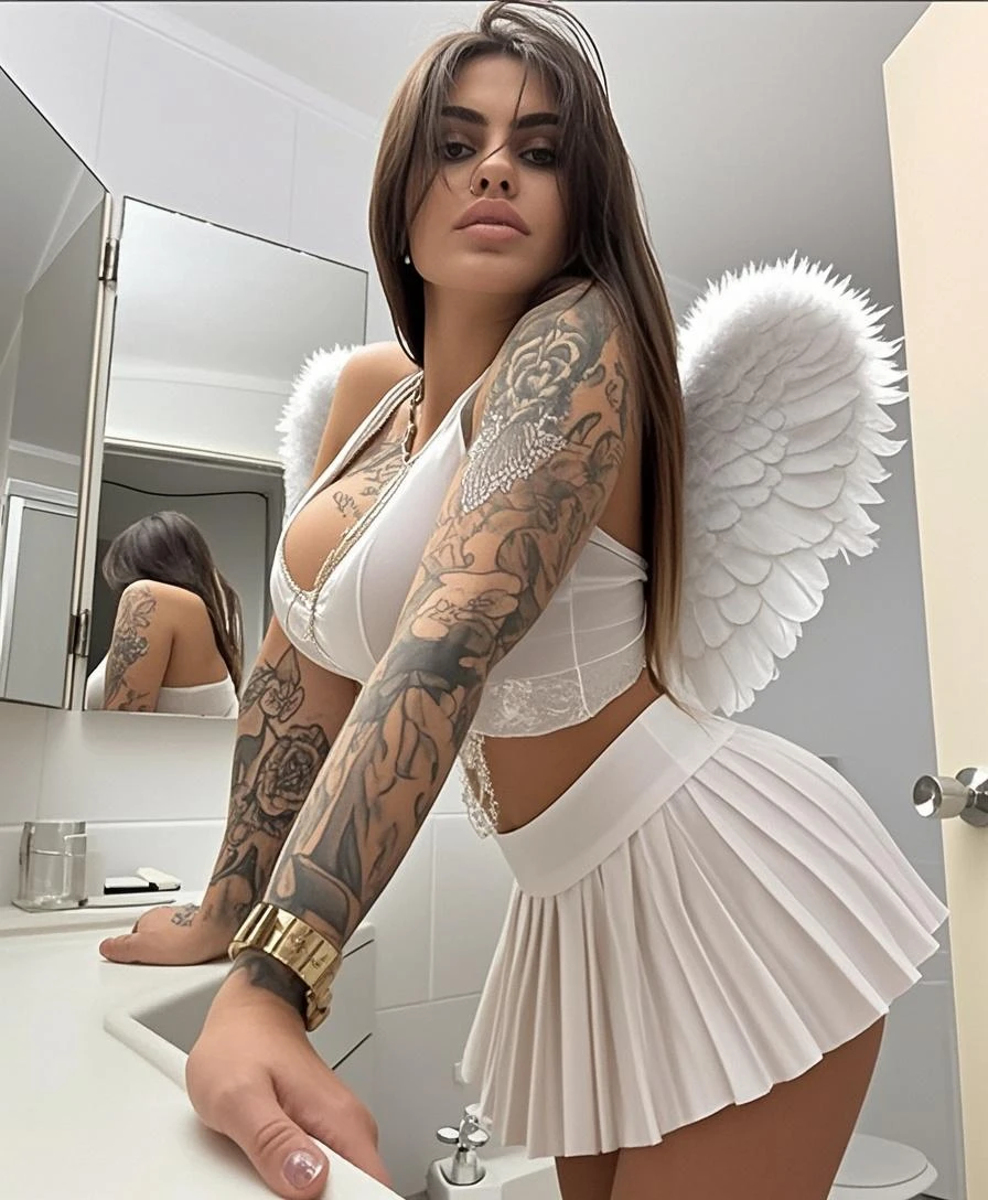 1girl, m31m414 woman, medium shot, angel wings, dark feathers, (fully nude), front view, small breasts, abs, slim waist, toned thighs, large hips, standing straight, long hair, slim body, plain dark background, detailed textures