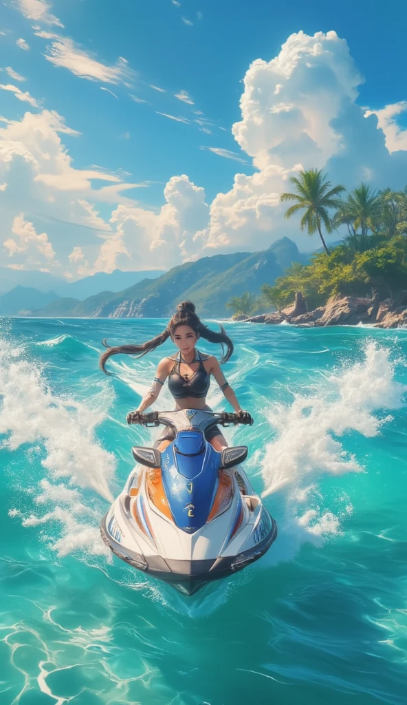 a girl with a big butt, Your hips are wide your waist is thin, her butt is big, she is driving a jet ski in the sea, the image is from behind, grabbing your butt 
